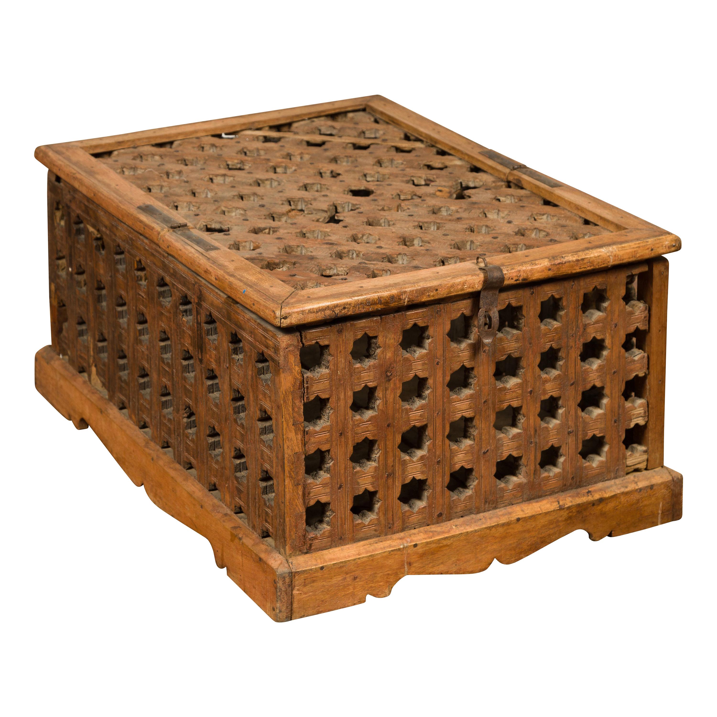 Rustic Indian Antique Food Box with Pierced Star Motifs and Bracketed Plinth For Sale