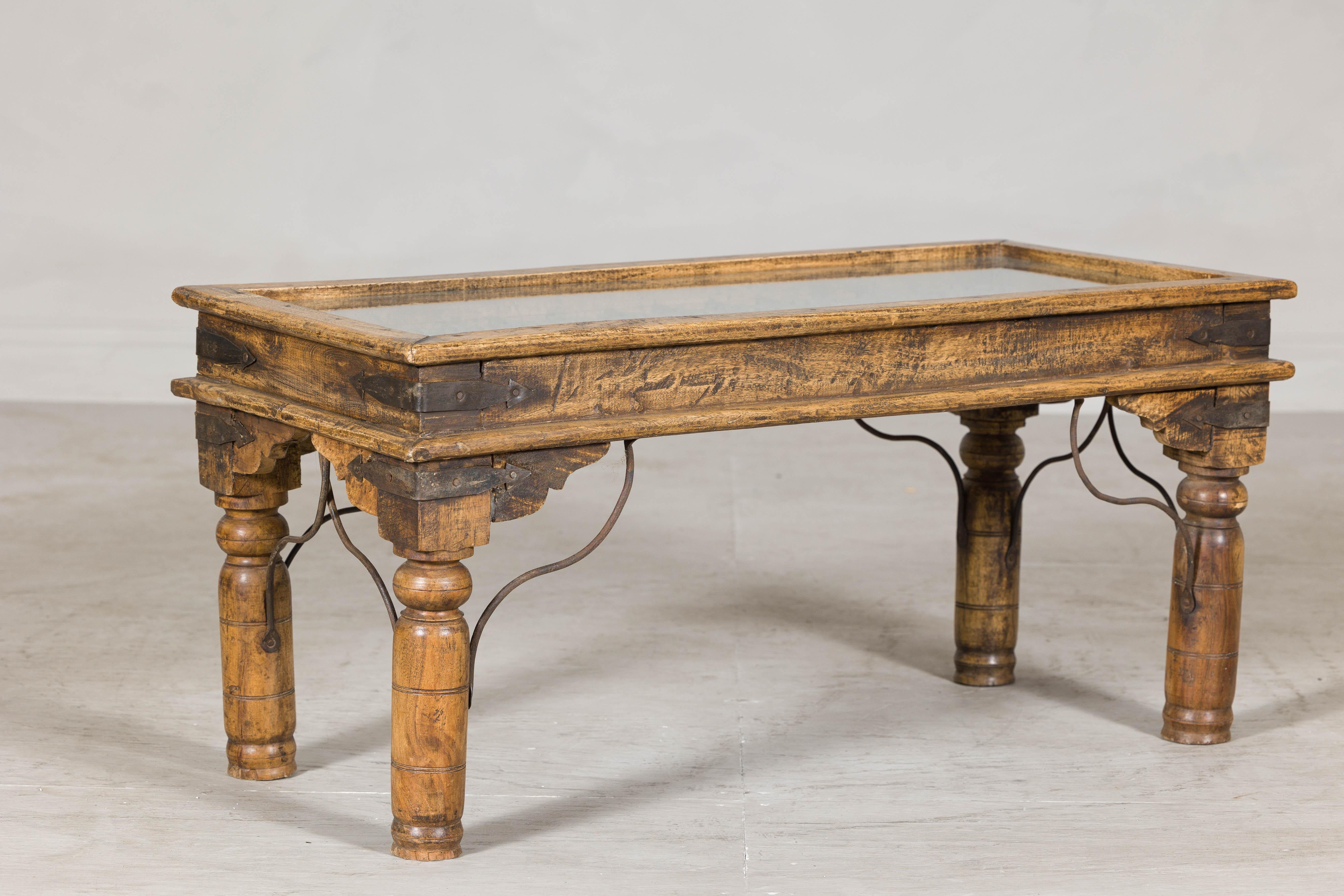 Rustic Indian Coffee Table with Antique Ironwork and Custom Glass - Vintage For Sale 5