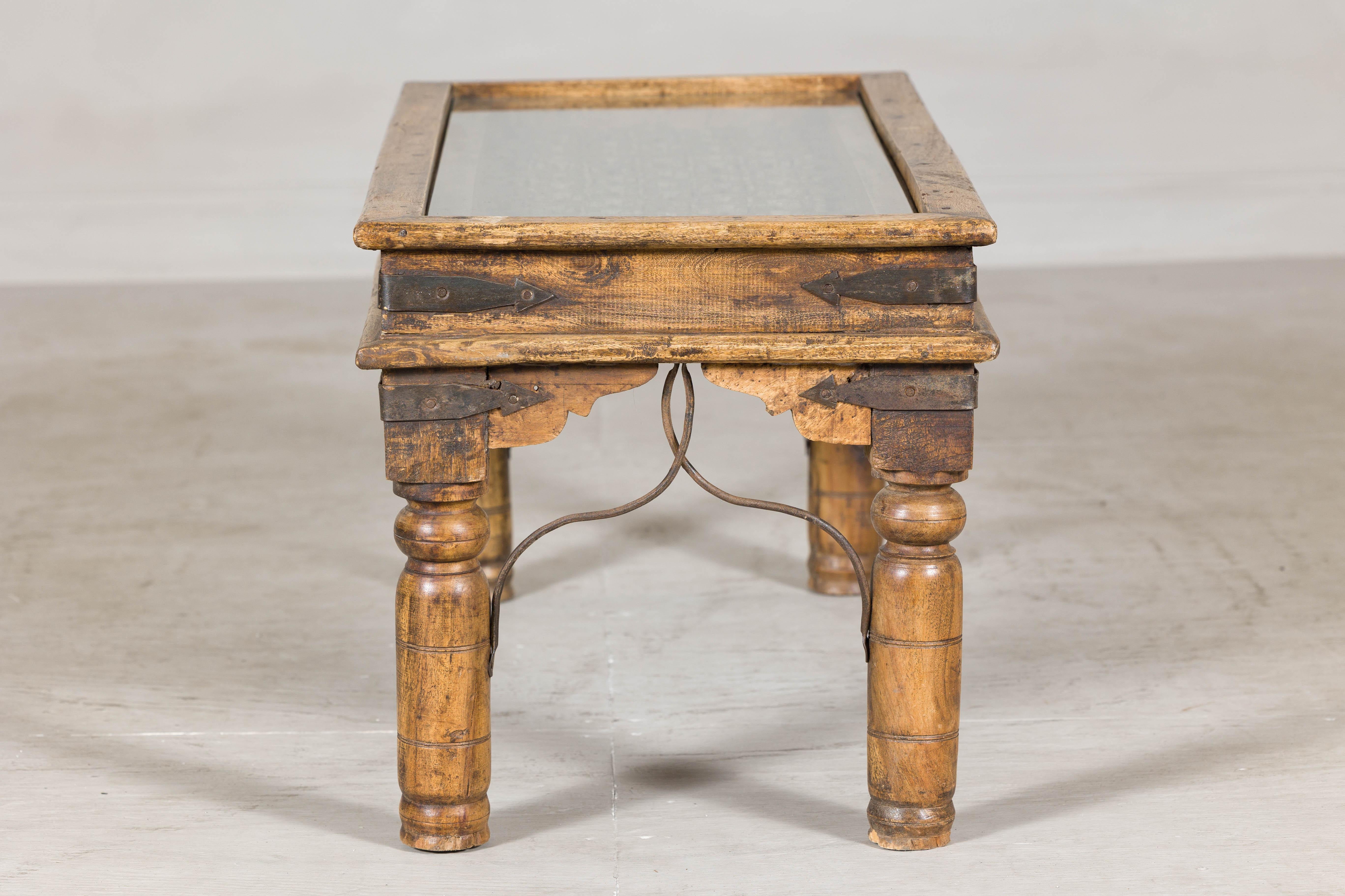 Rustic Indian Coffee Table with Antique Ironwork and Custom Glass - Vintage For Sale 6