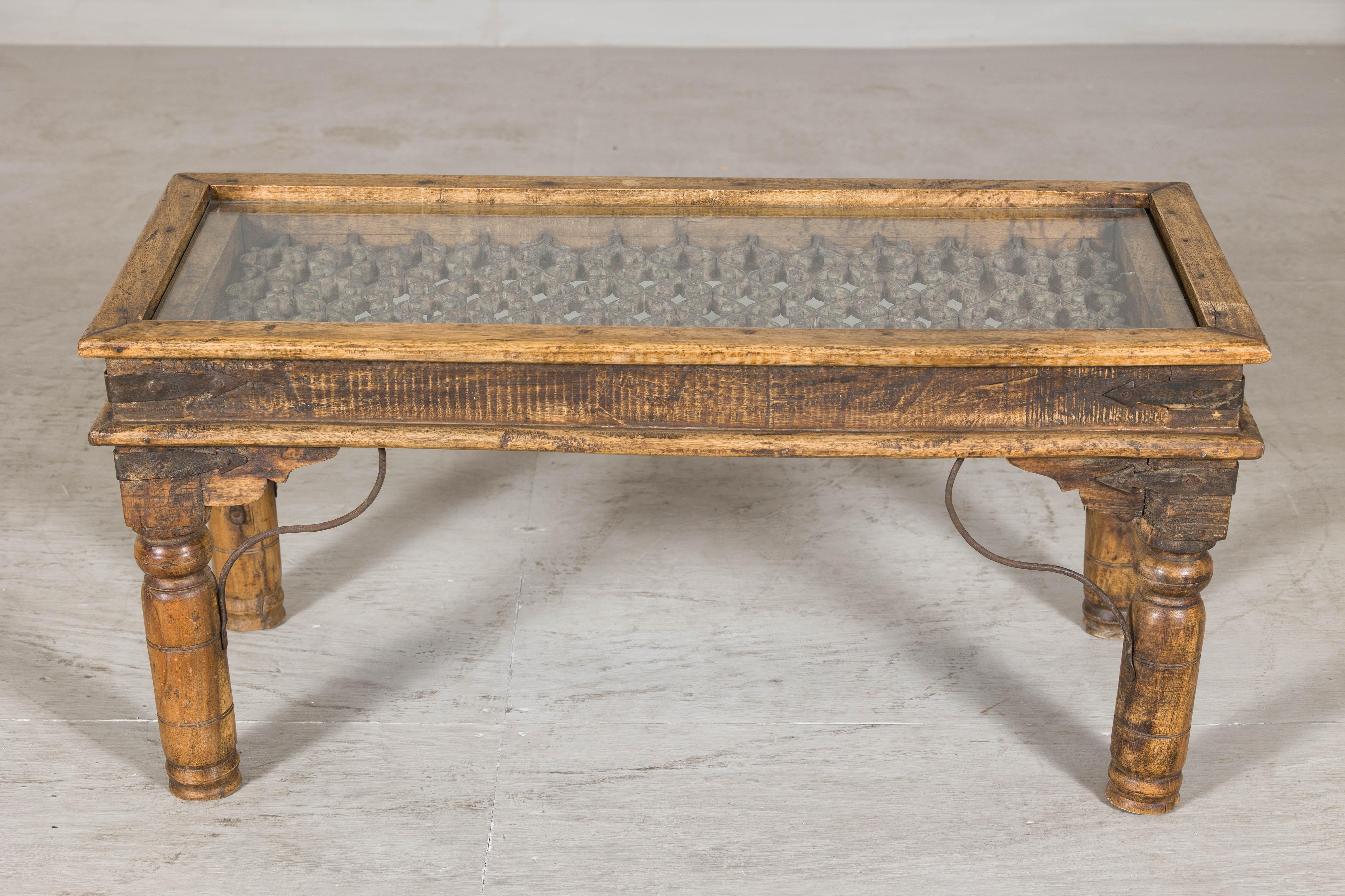 Rustic Indian Coffee Table with Antique Ironwork and Custom Glass - Vintage For Sale 8