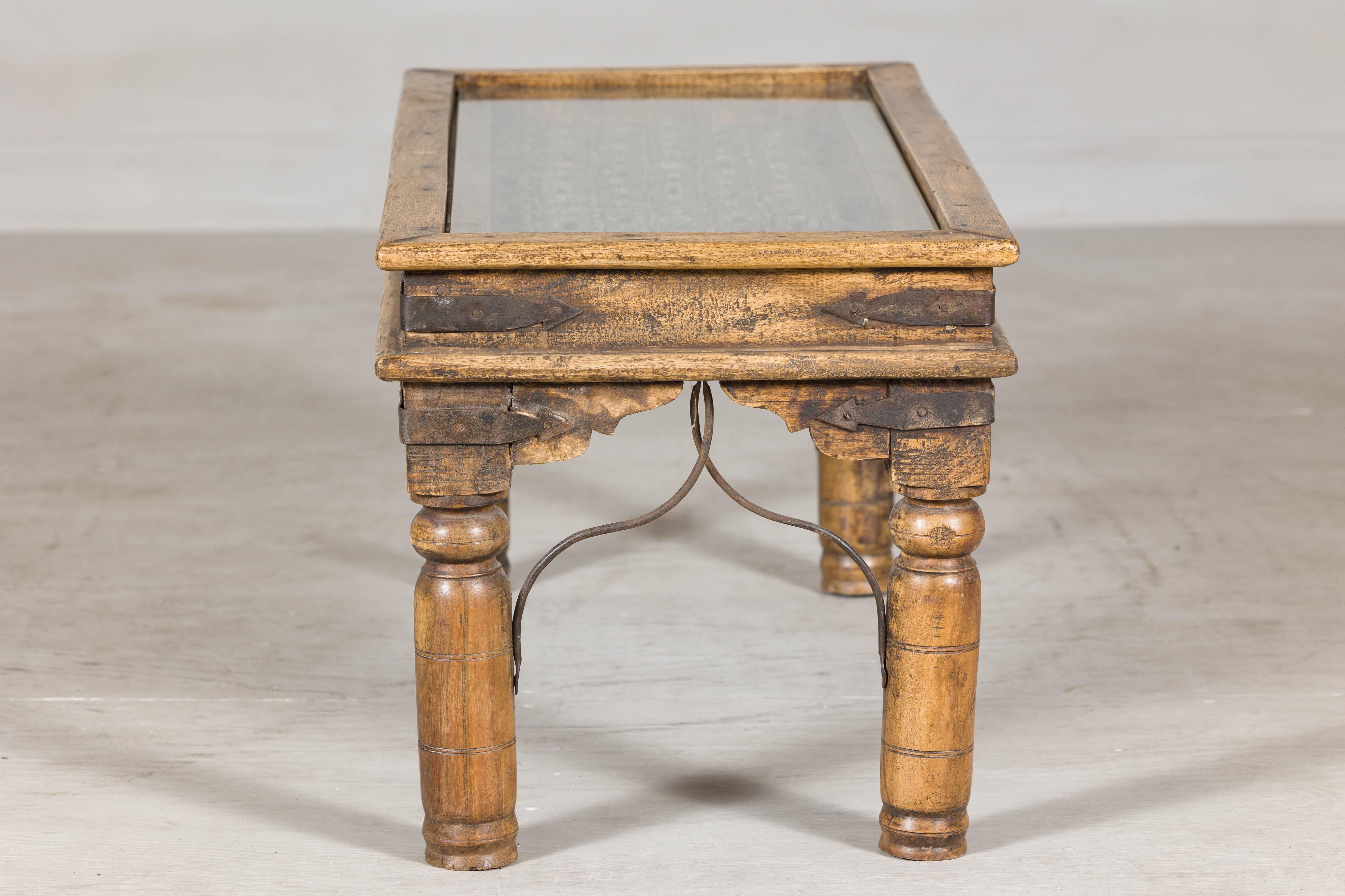 Rustic Indian Coffee Table with Antique Ironwork and Custom Glass - Vintage For Sale 9