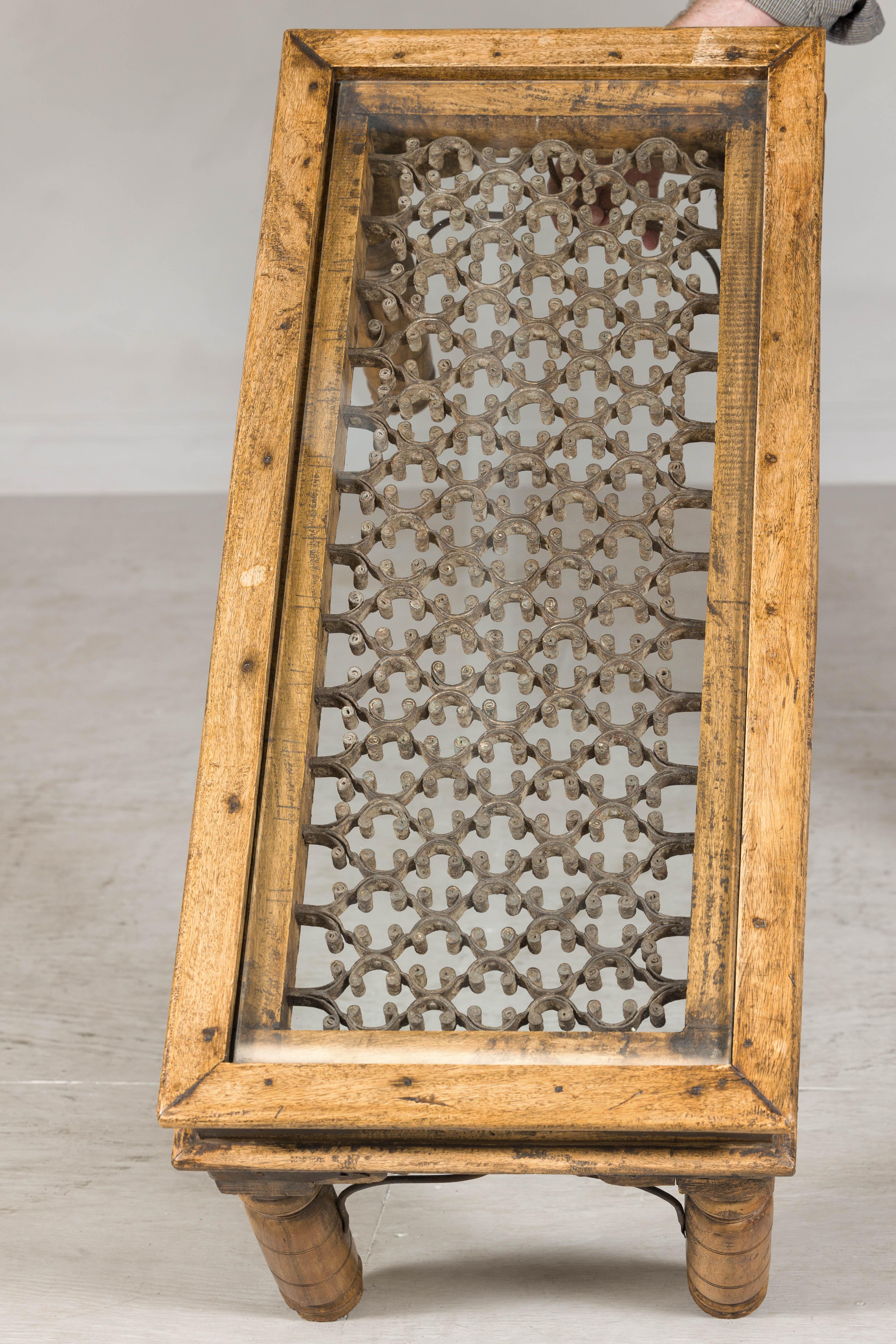 Rustic Indian Coffee Table with Antique Ironwork and Custom Glass - Vintage For Sale 10
