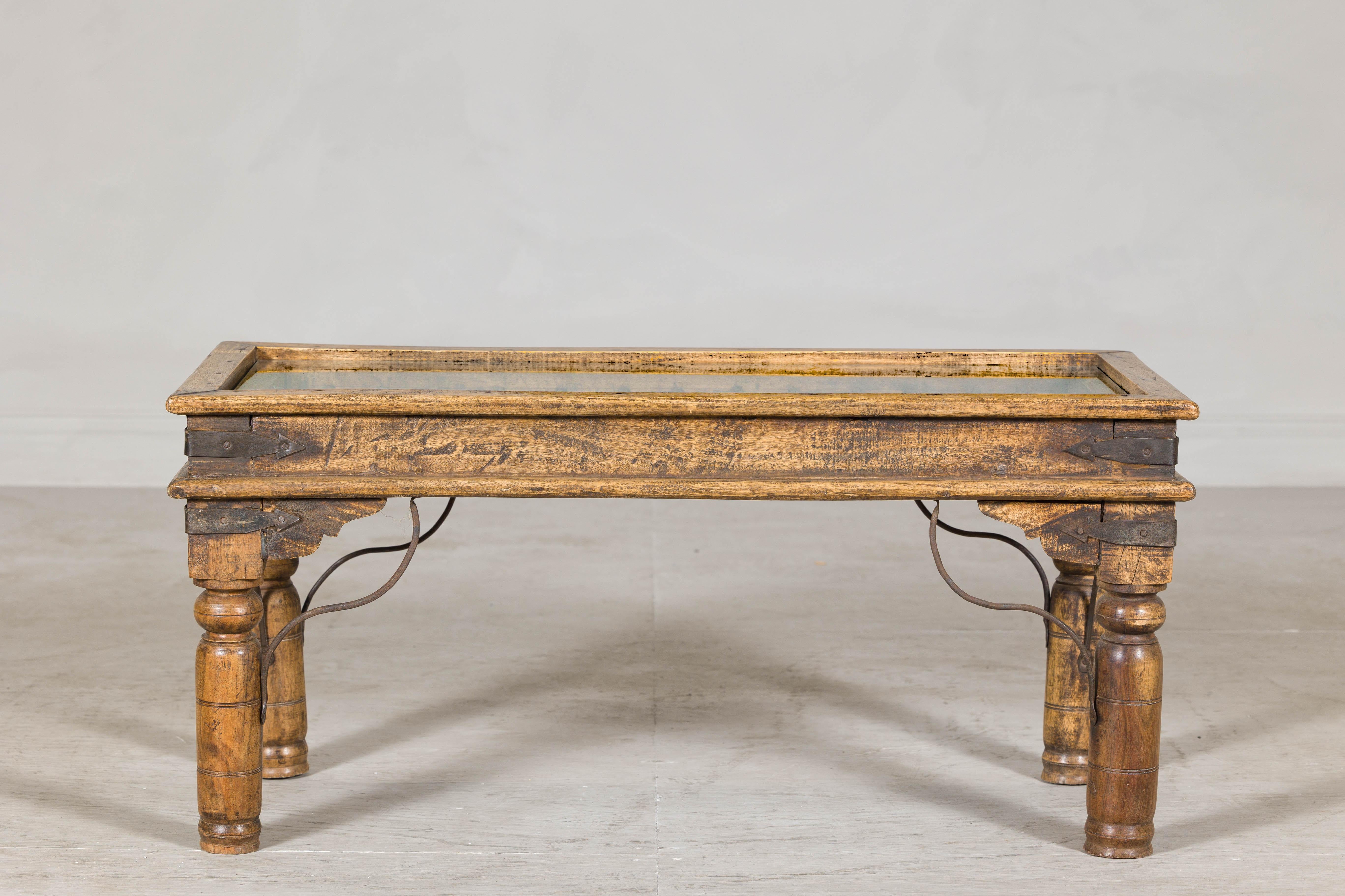 Rustic Indian Coffee Table with Antique Ironwork and Custom Glass - Vintage For Sale 11