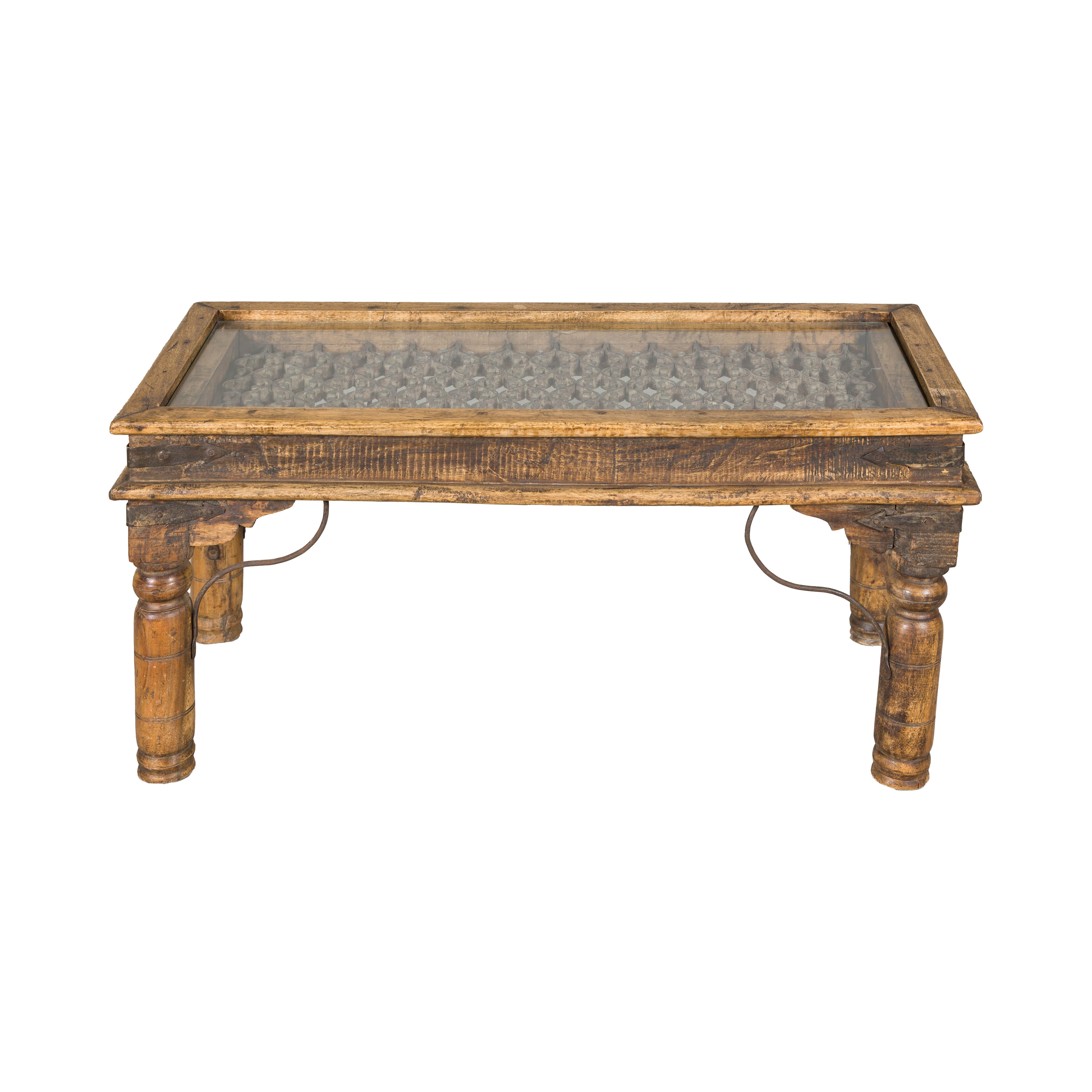 Rustic Indian Coffee Table with Antique Ironwork and Custom Glass - Vintage For Sale 12
