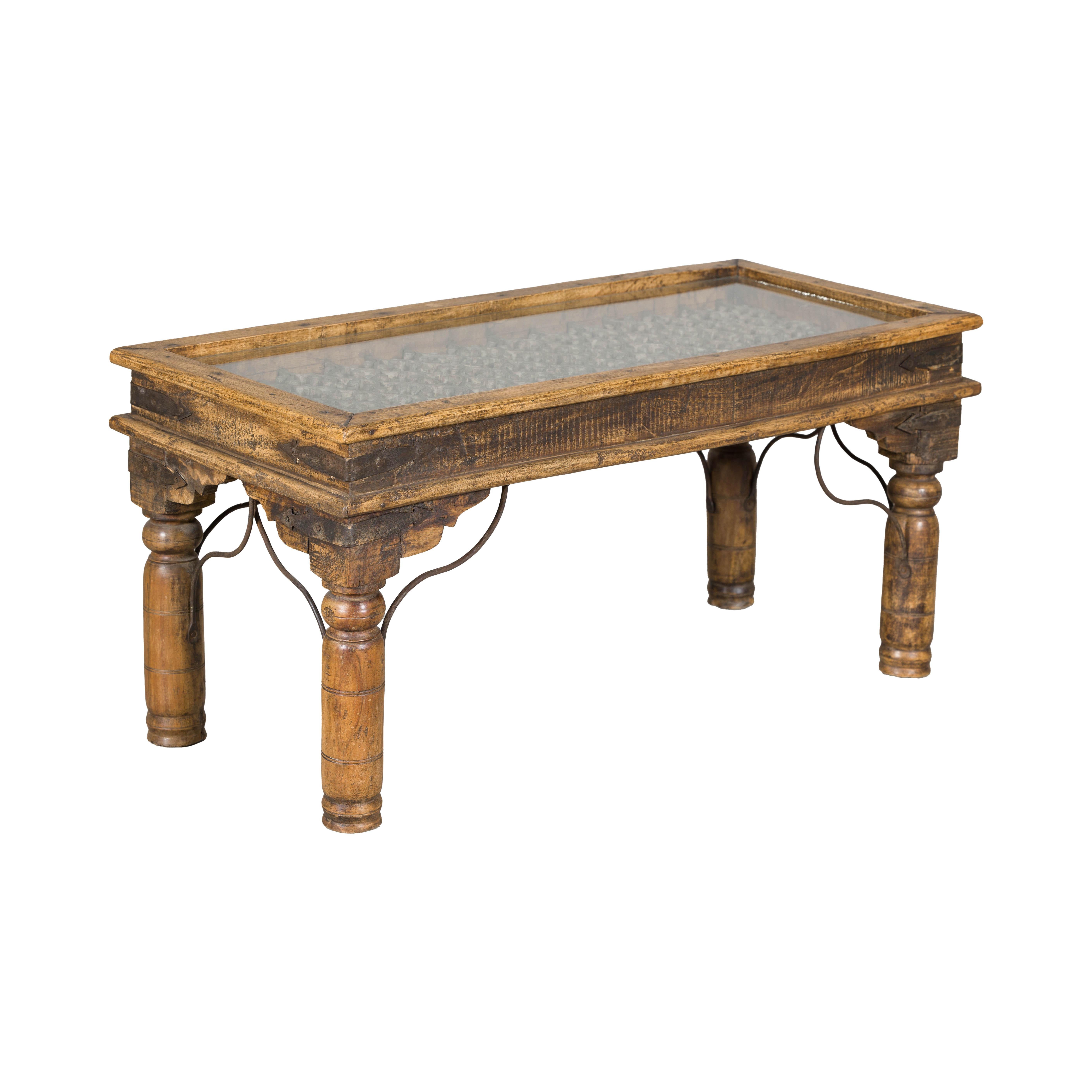 Rustic Indian Coffee Table with Antique Ironwork and Custom Glass - Vintage For Sale 13