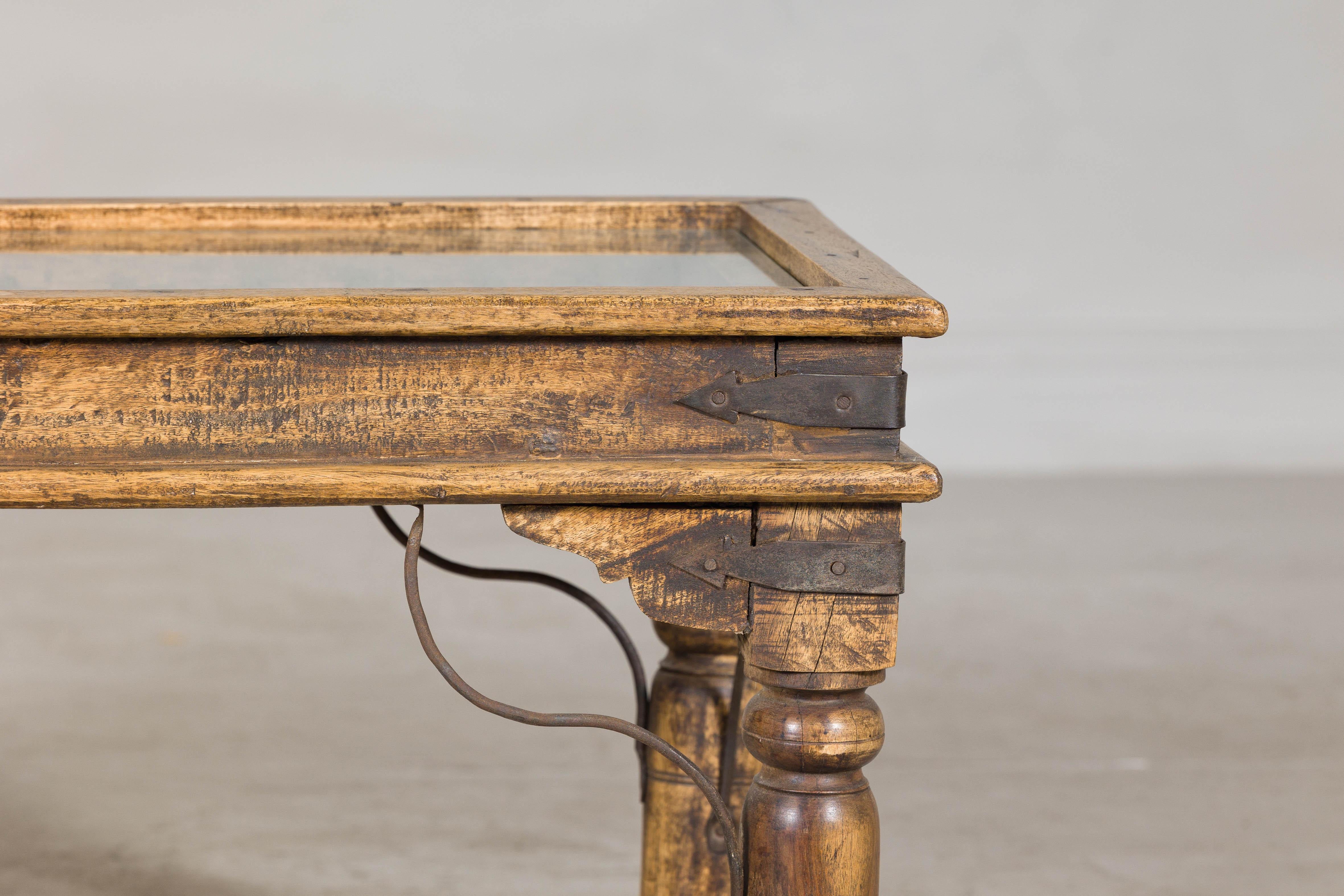 Wrought Iron Rustic Indian Coffee Table with Antique Ironwork and Custom Glass - Vintage For Sale