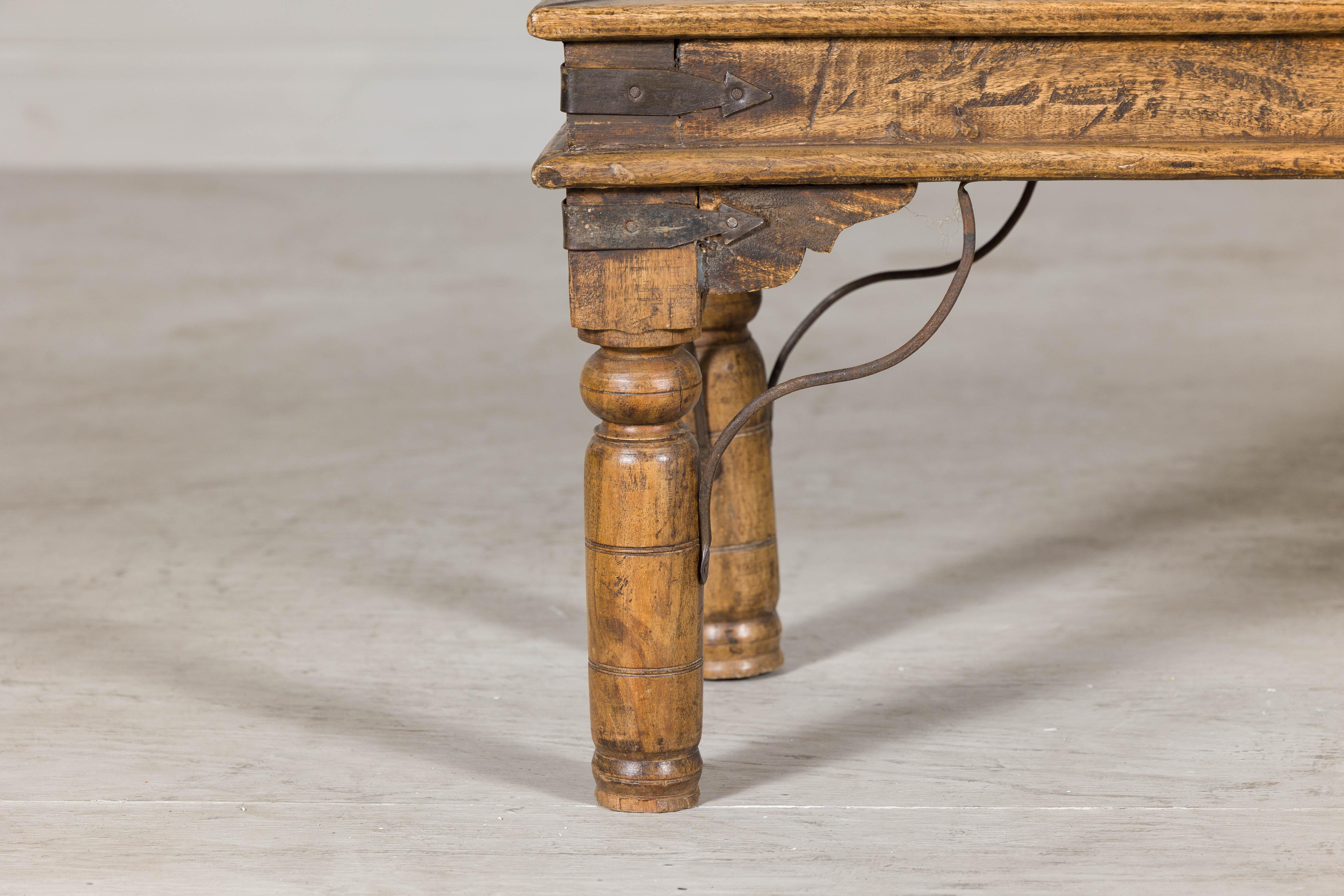 Rustic Indian Coffee Table with Antique Ironwork and Custom Glass - Vintage For Sale 1