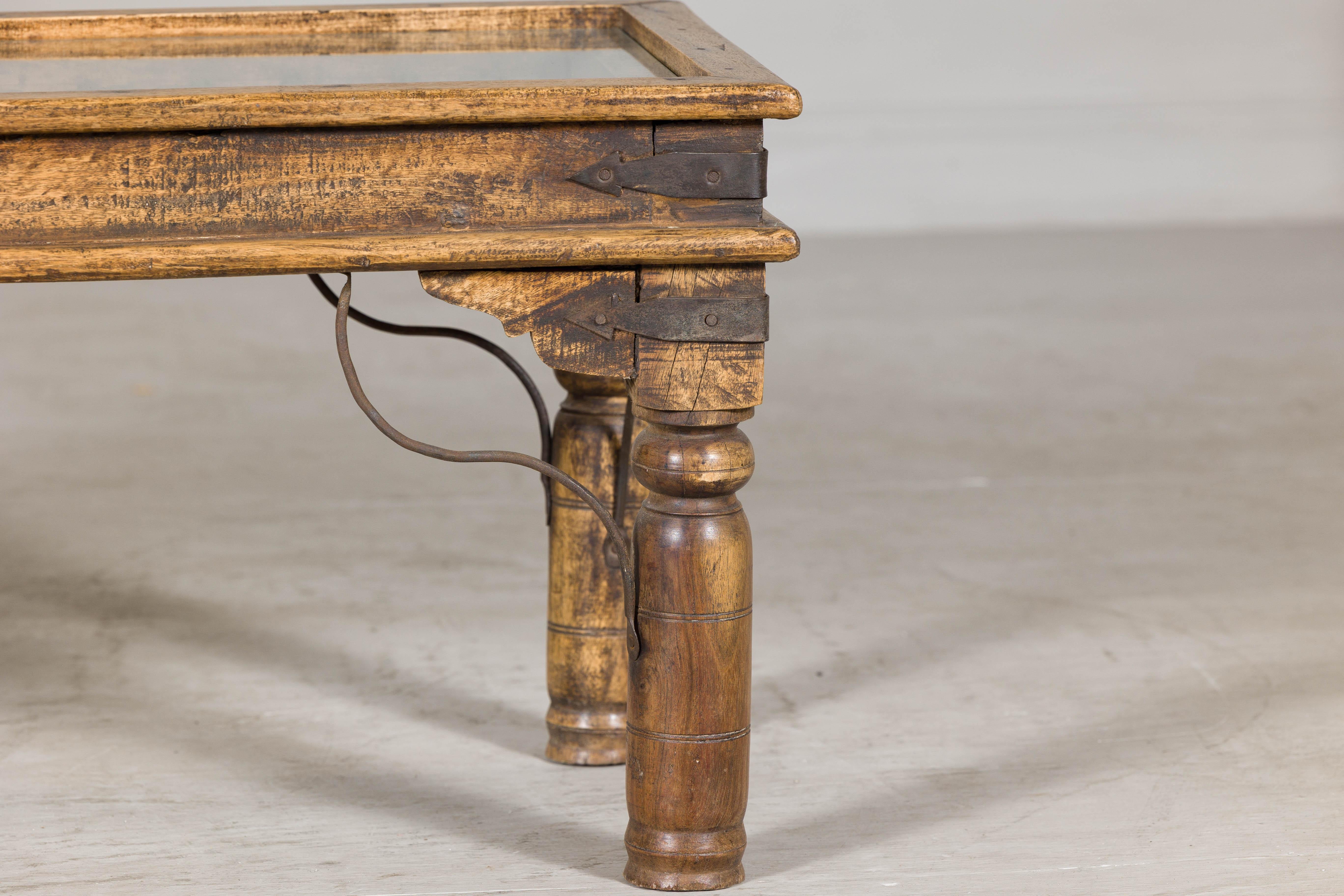 Rustic Indian Coffee Table with Antique Ironwork and Custom Glass - Vintage For Sale 2