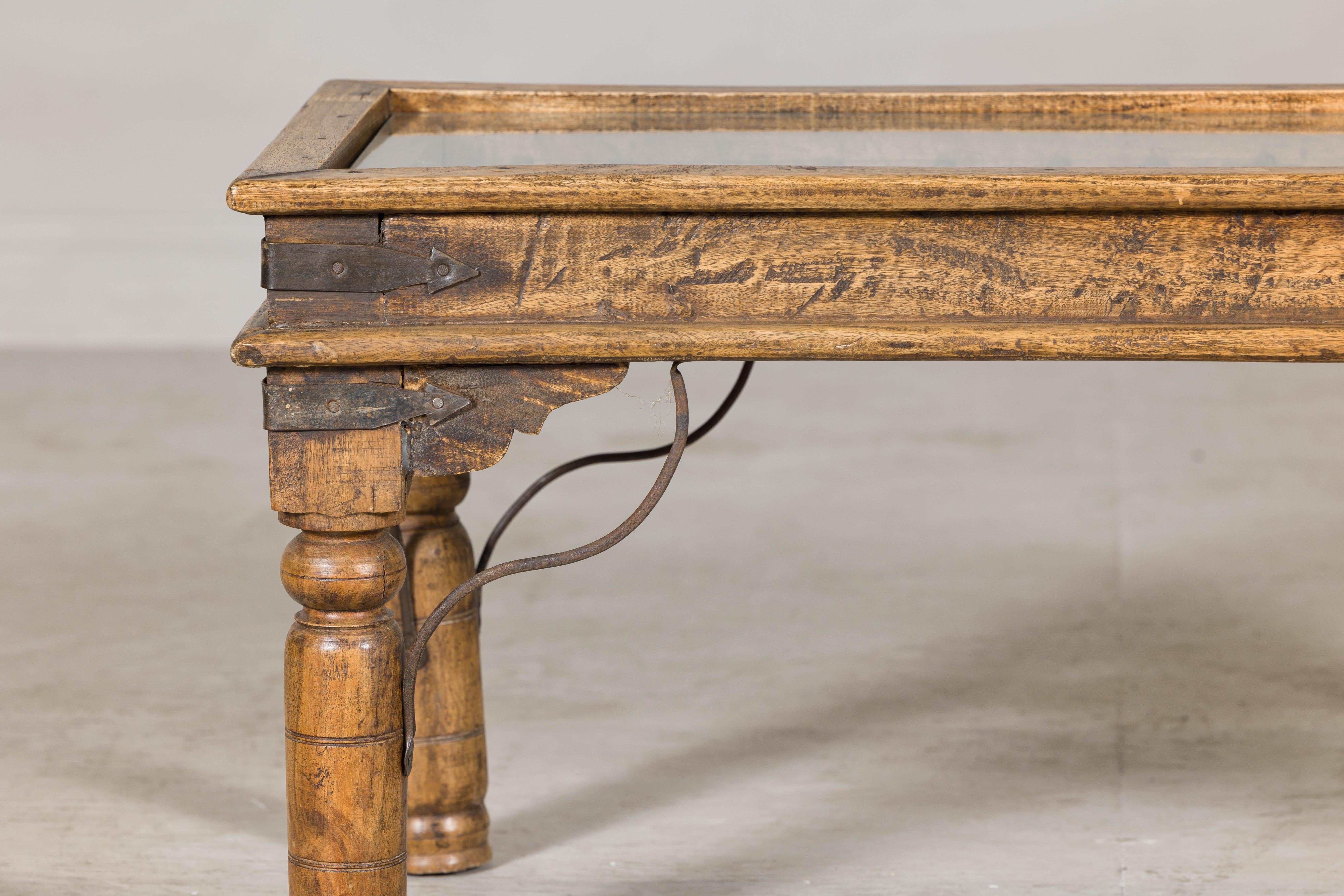 Rustic Indian Coffee Table with Antique Ironwork and Custom Glass - Vintage For Sale 3