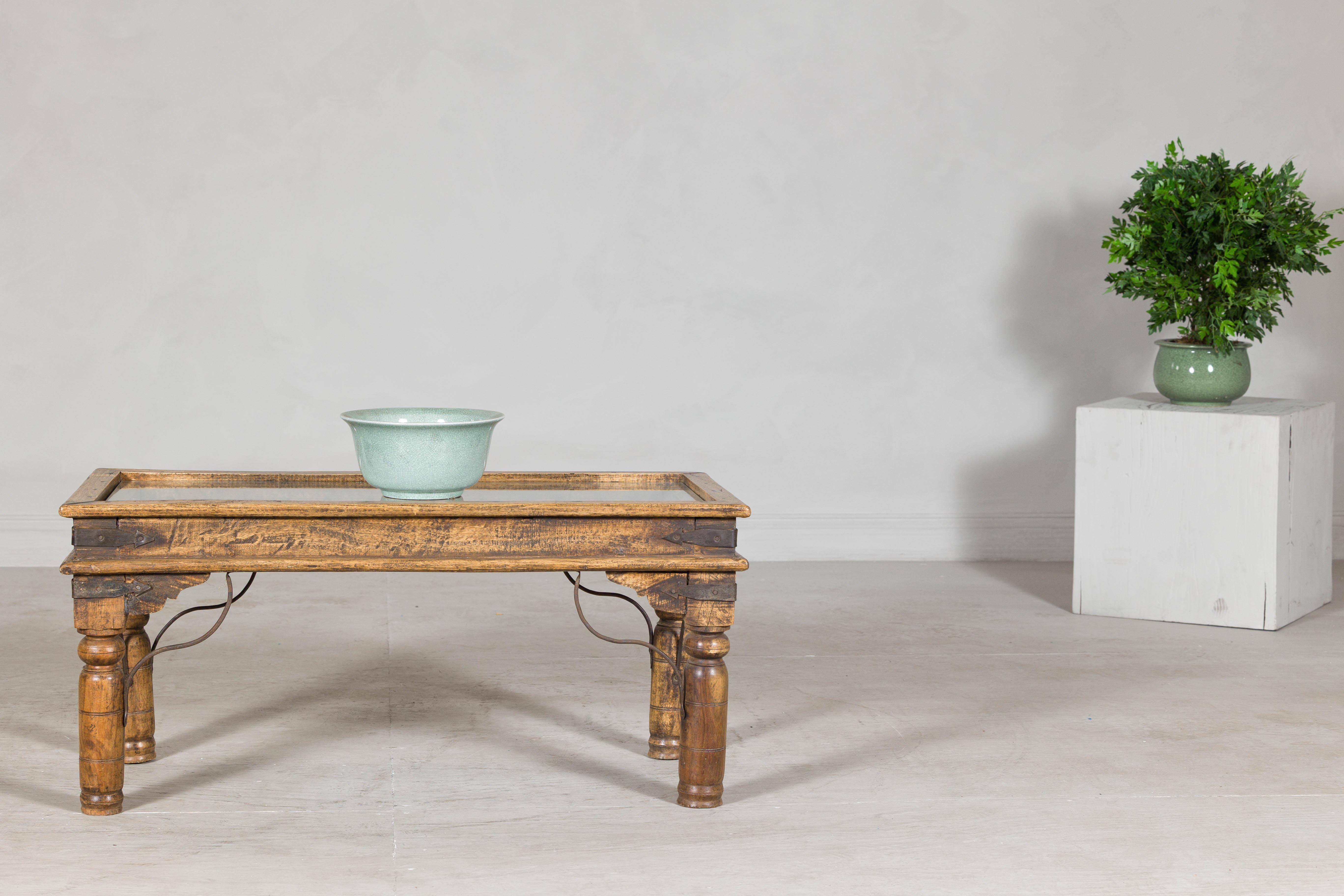 Rustic Indian Coffee Table with Antique Ironwork and Custom Glass - Vintage For Sale 4