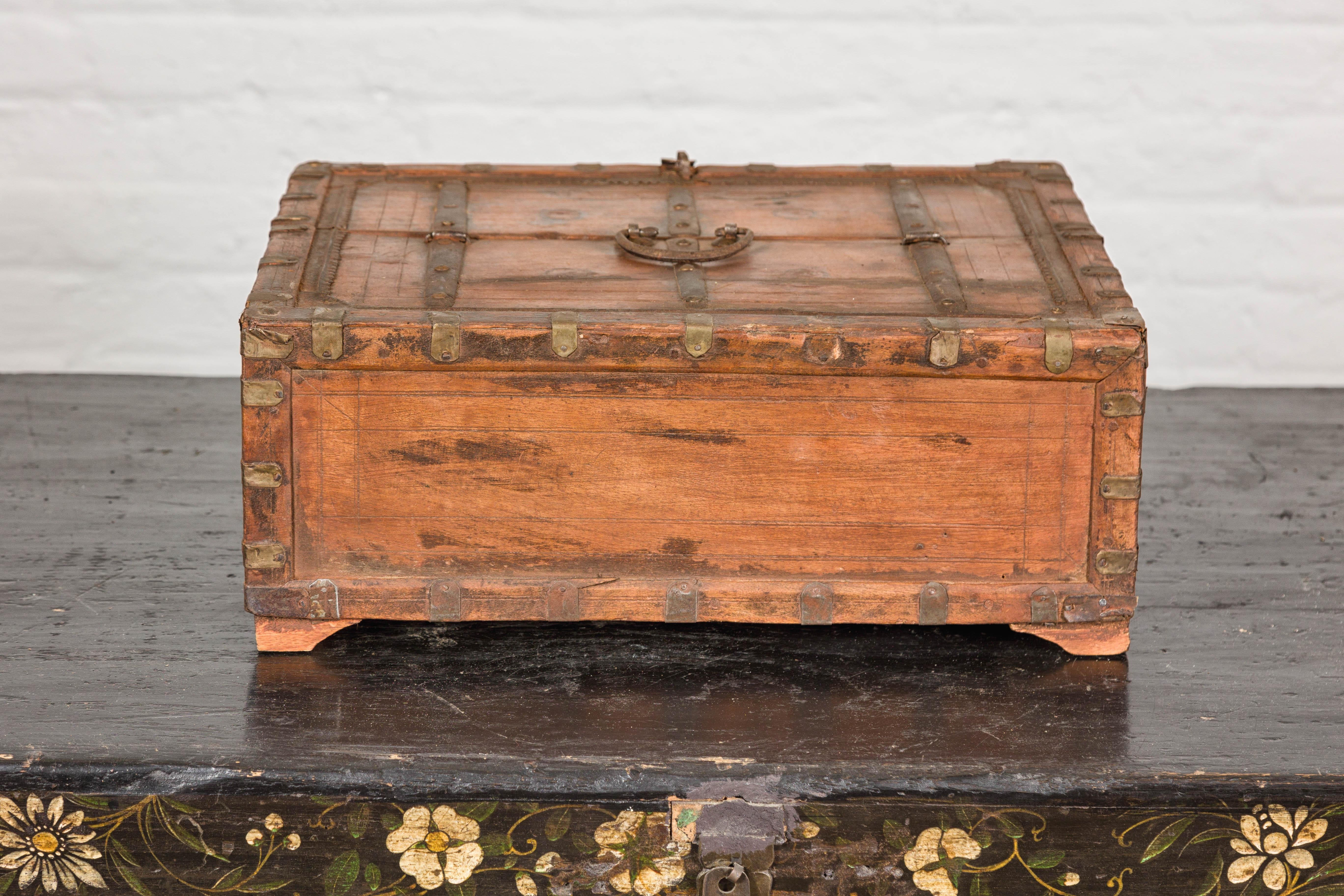 Rustic Indian Document Wooden Box with Brass Details and Partial Opening Top For Sale 6