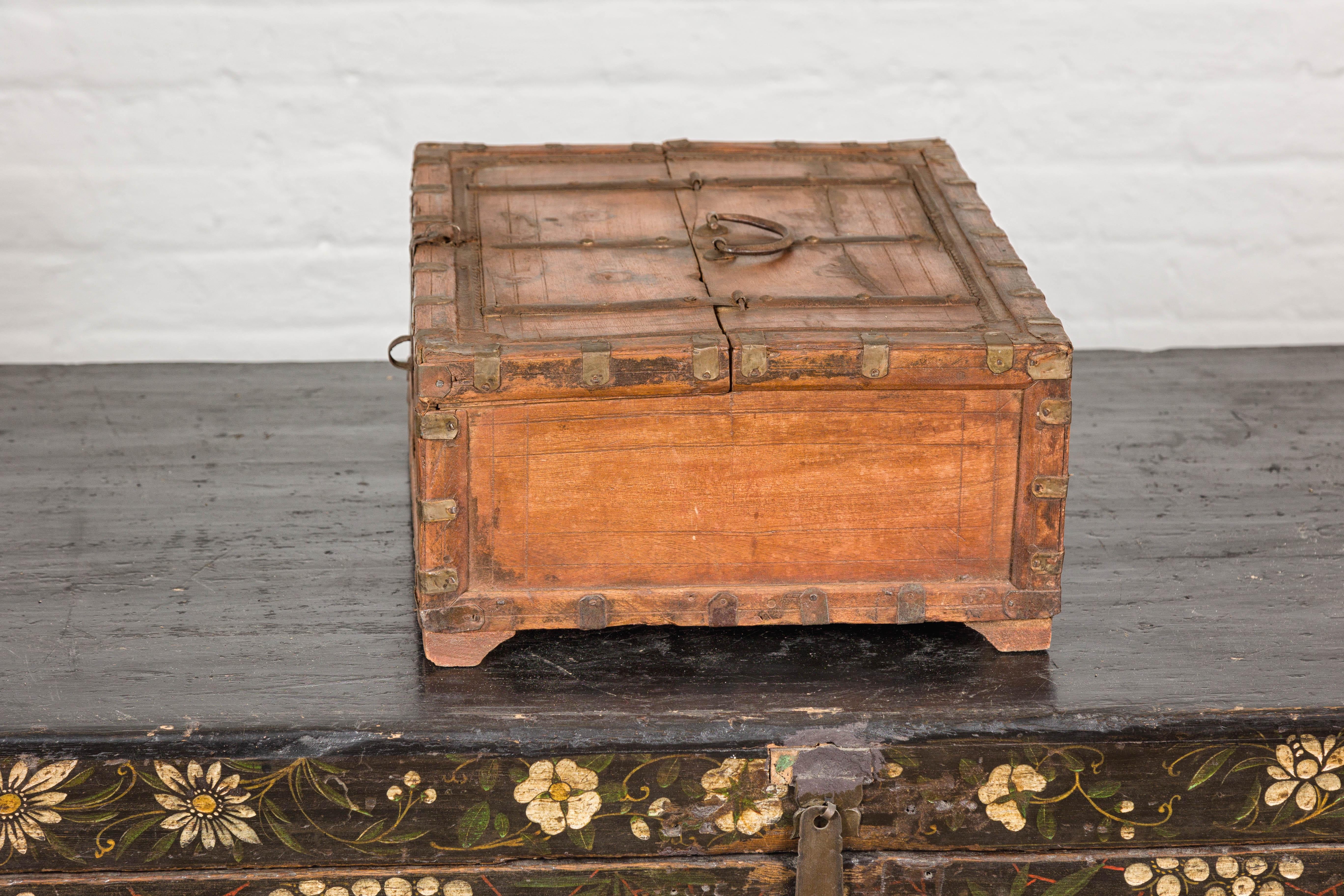Rustic Indian Document Wooden Box with Brass Details and Partial Opening Top For Sale 7