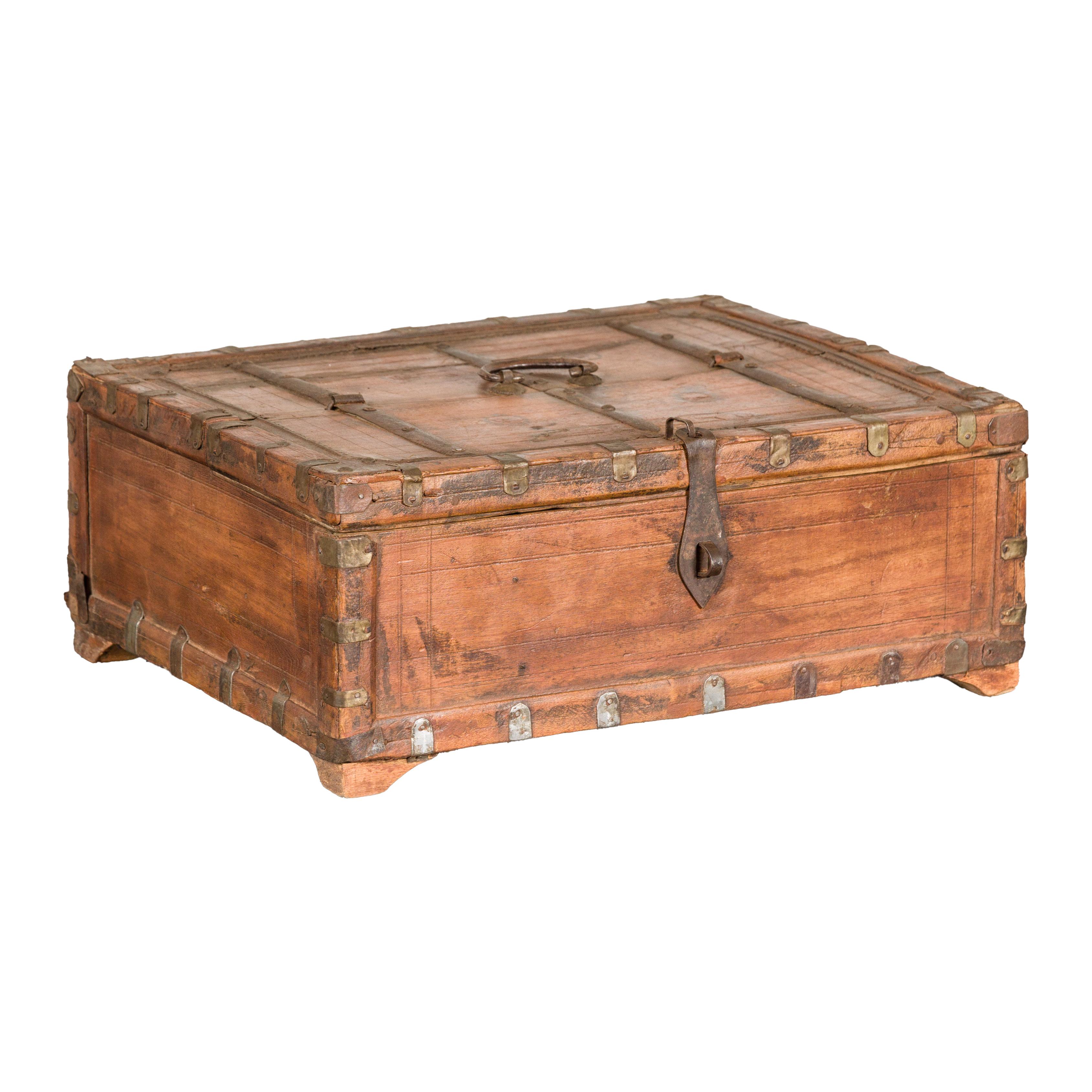 Rustic Indian Document Wooden Box with Brass Details and Partial Opening Top For Sale 8