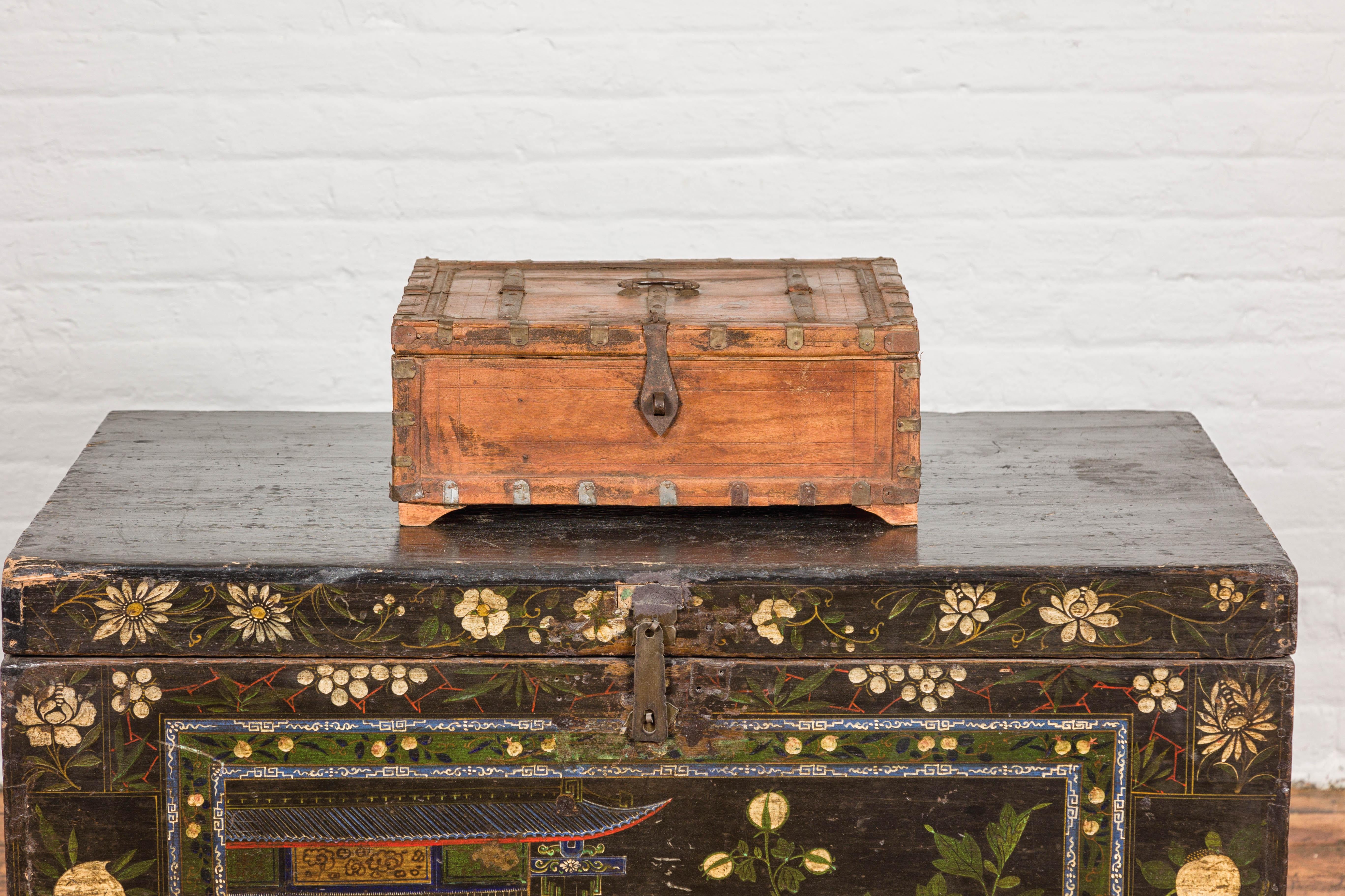 Carved Rustic Indian Document Wooden Box with Brass Details and Partial Opening Top For Sale