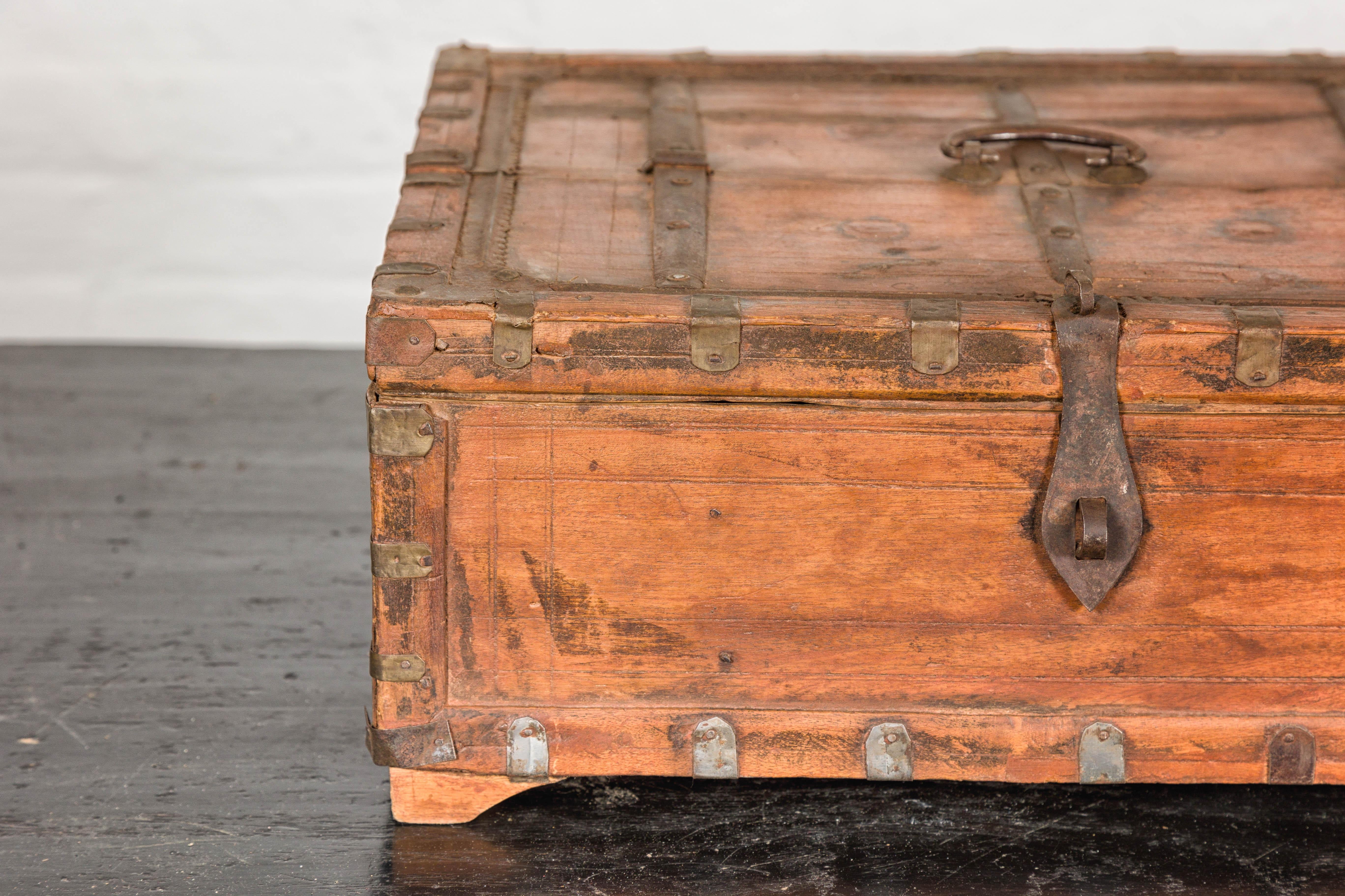 19th Century Rustic Indian Document Wooden Box with Brass Details and Partial Opening Top For Sale