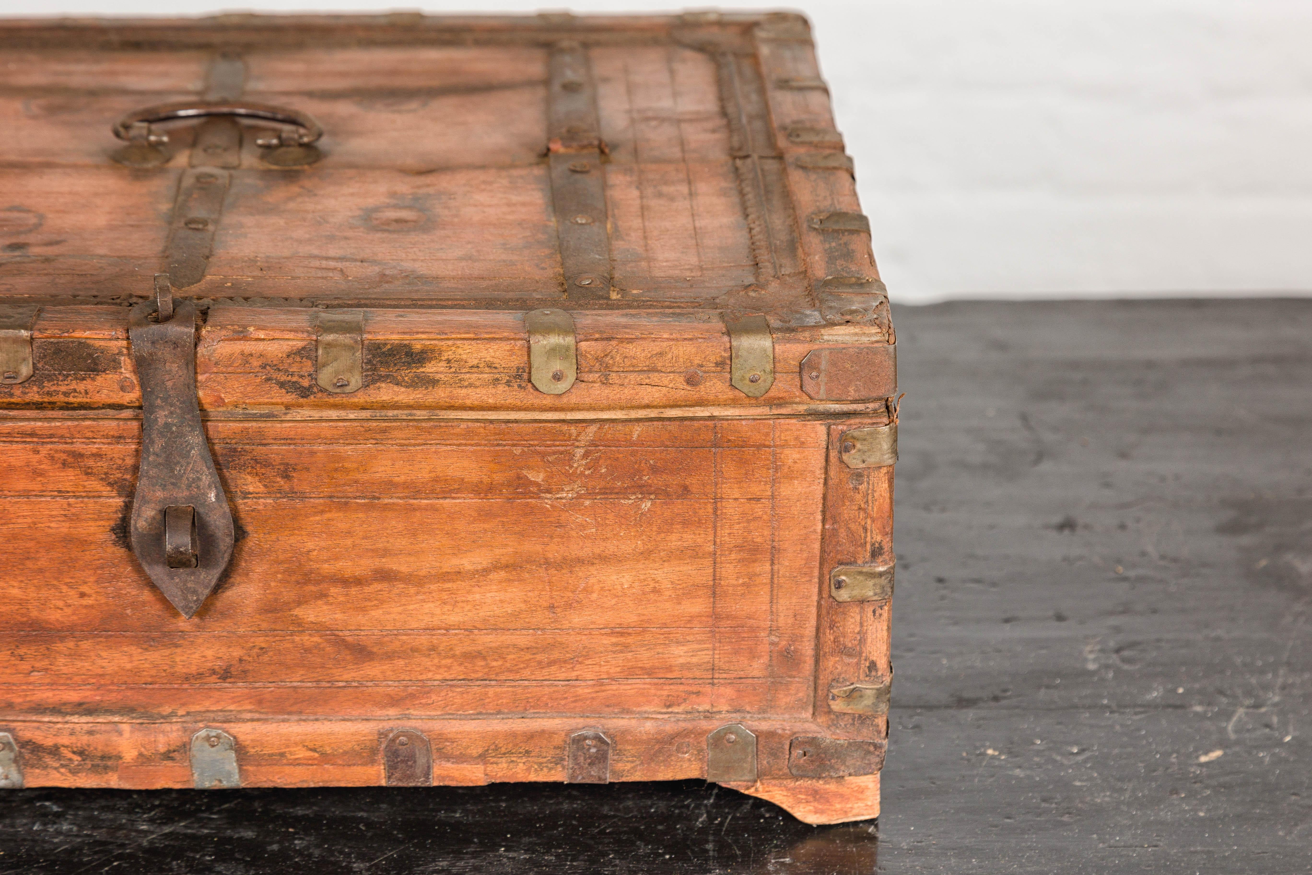 Rustic Indian Document Wooden Box with Brass Details and Partial Opening Top For Sale 1