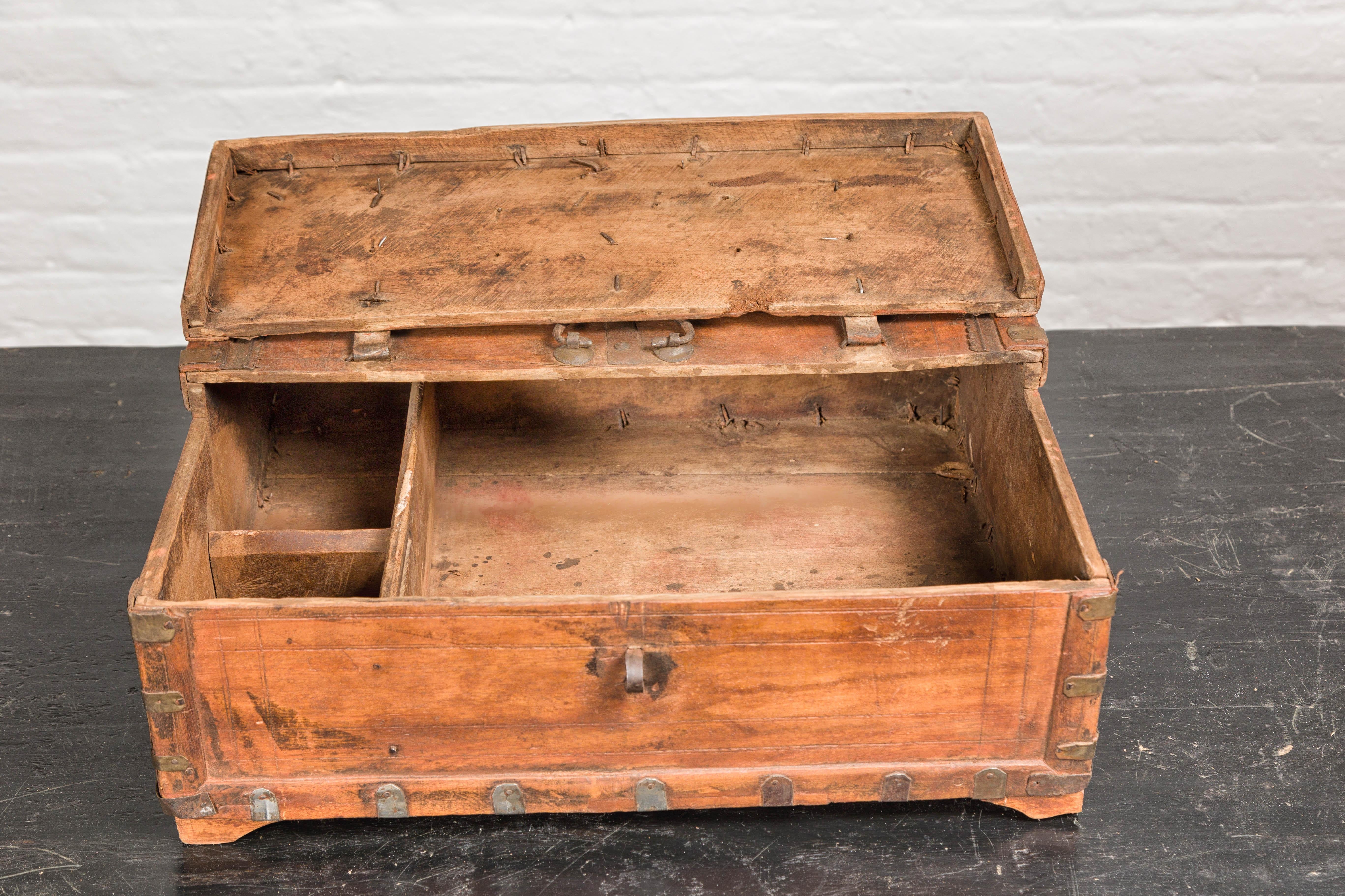 Rustic Indian Document Wooden Box with Brass Details and Partial Opening Top For Sale 3