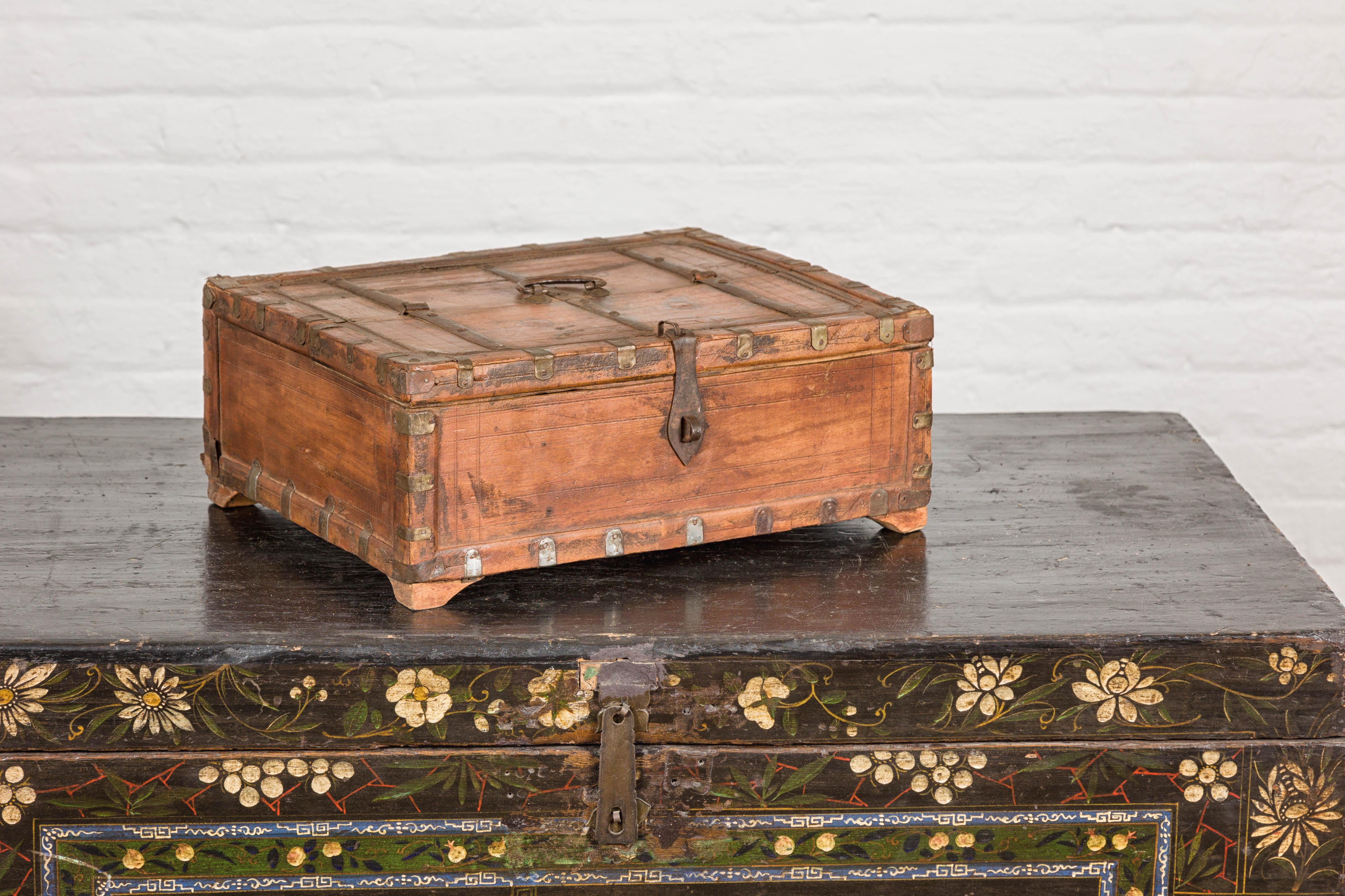 Rustic Indian Document Wooden Box with Brass Details and Partial Opening Top For Sale 4