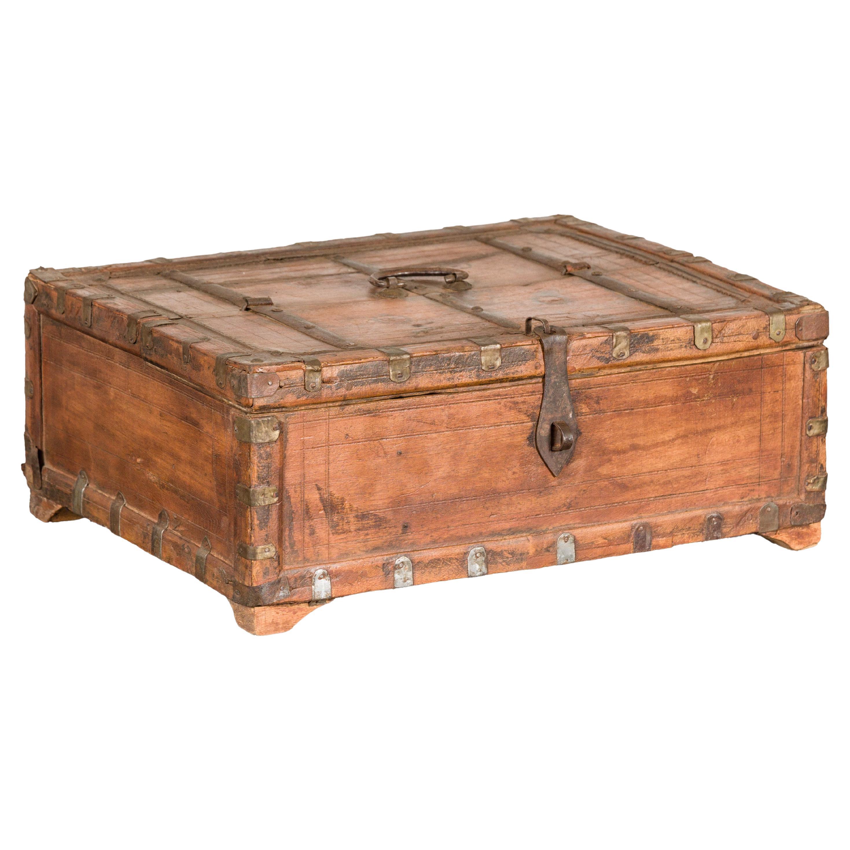 Rustic Indian Document Wooden Box with Brass Details and Partial Opening Top For Sale