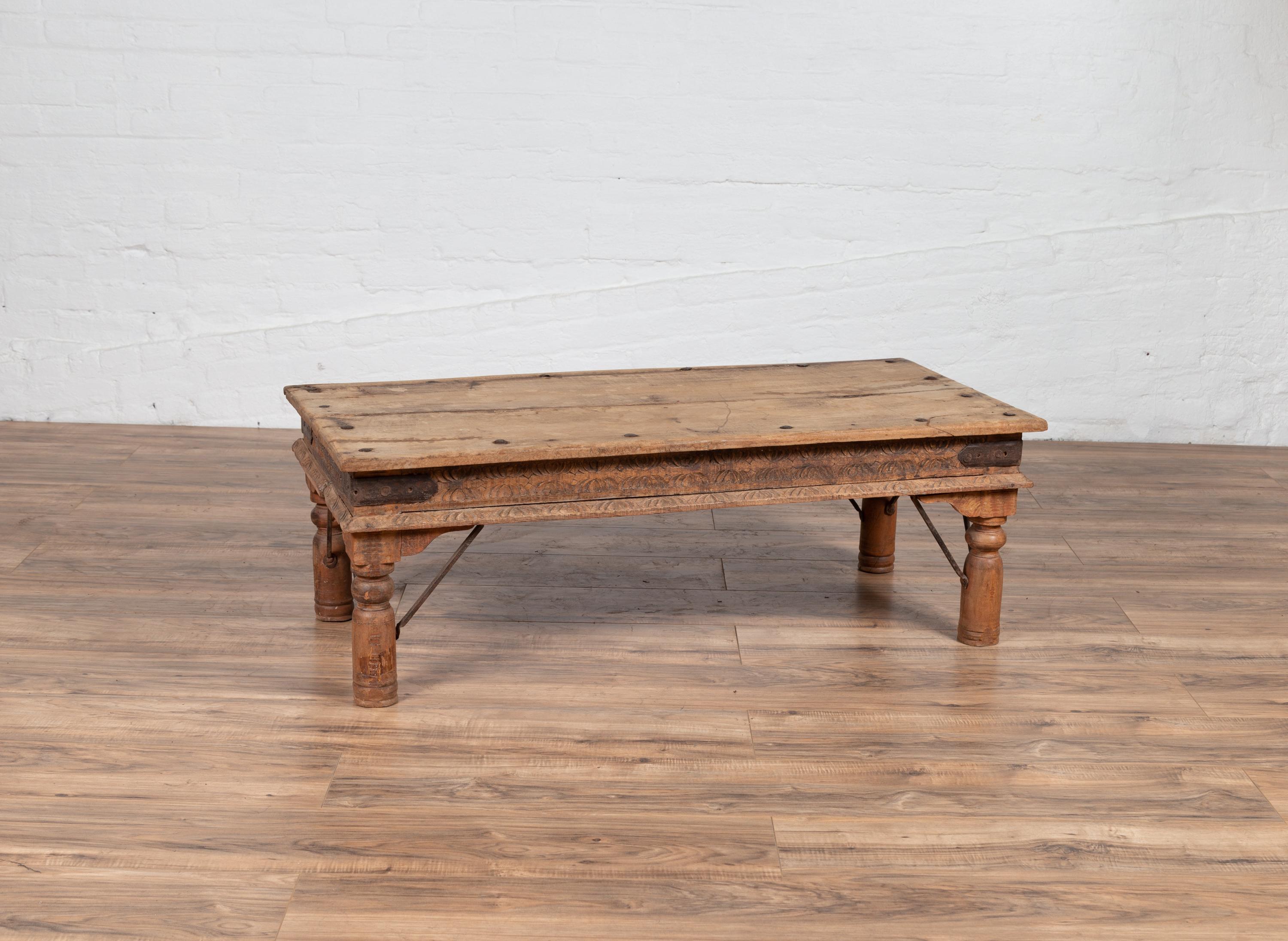 Rustic Indian Low Coffee Table with Carved Apron, Nailheads and Baluster Legs 2