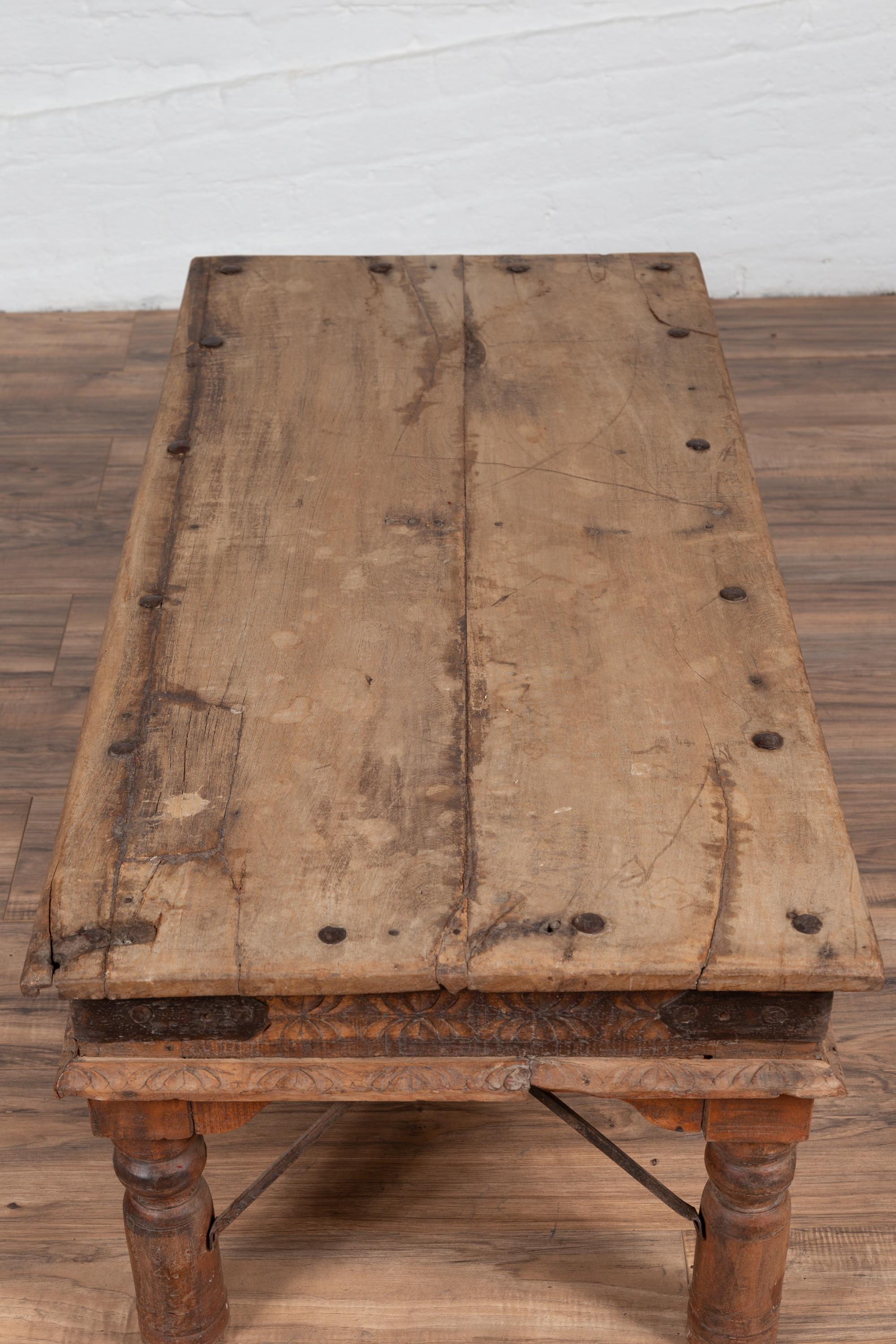 Rustic Indian Low Coffee Table with Carved Apron, Nailheads and Baluster Legs 3