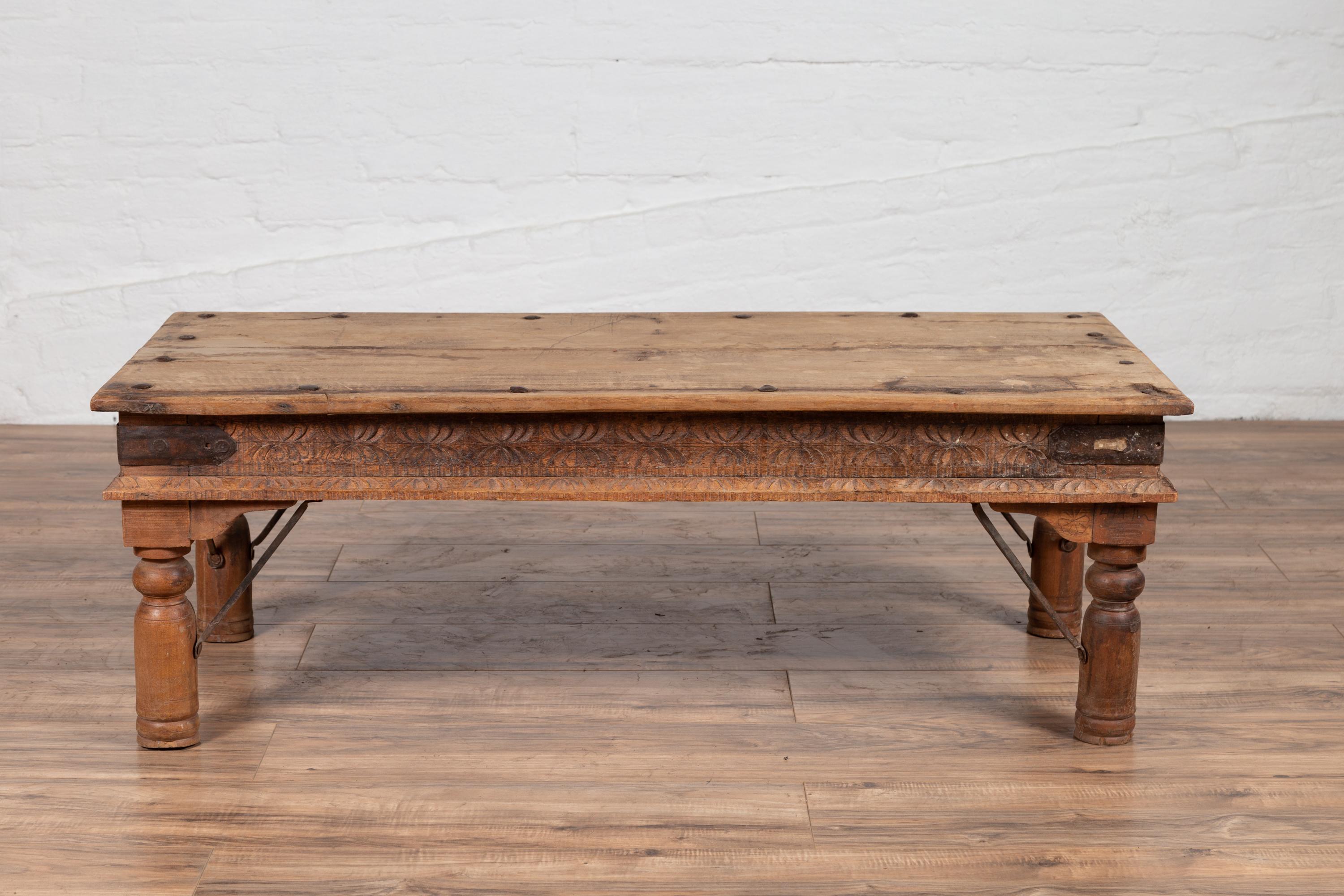 Rustic Indian Low Coffee Table with Carved Apron, Nailheads and Baluster Legs 5