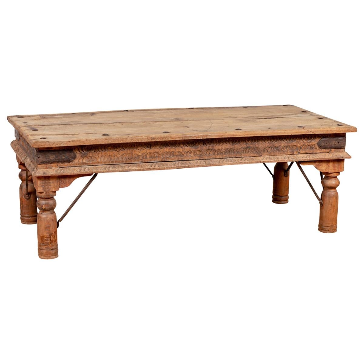 Rustic Indian Low Coffee Table with Carved Apron, Nailheads and Baluster Legs