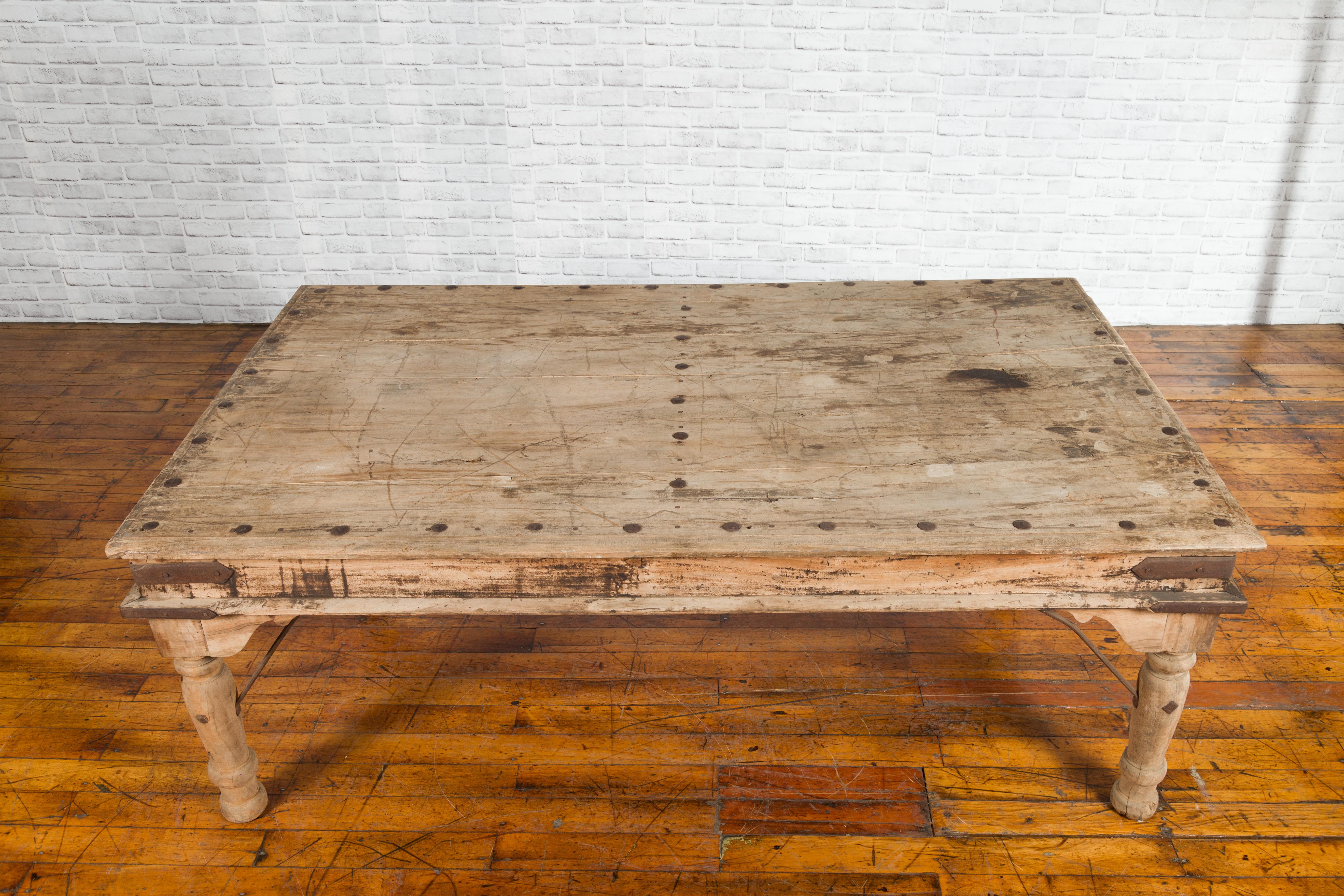Rustic Indian Low Table with Distressed Patina, Iron Details and Baluster Legs For Sale 5