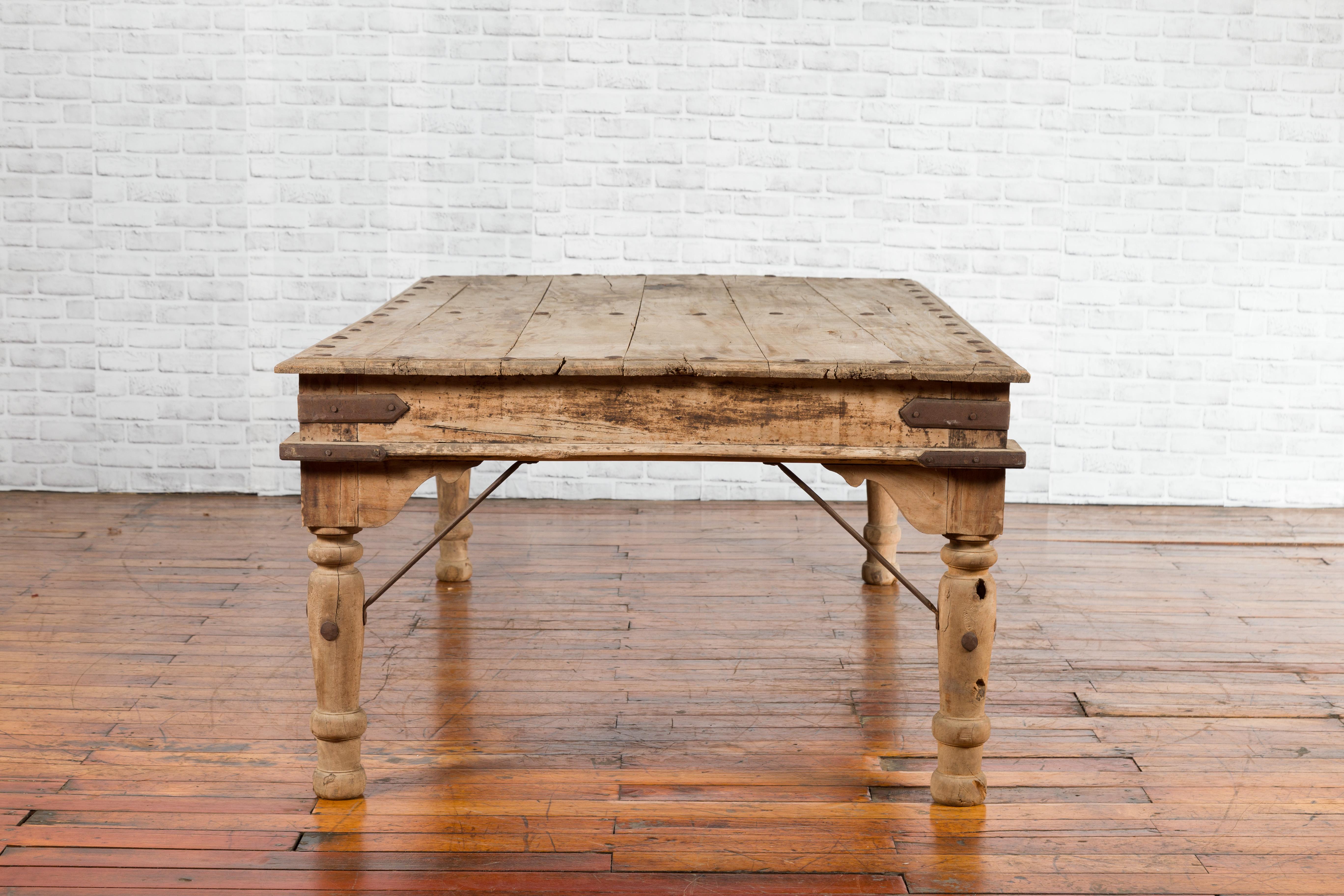 Rustic Indian Low Table with Distressed Patina, Iron Details and Baluster Legs For Sale 9