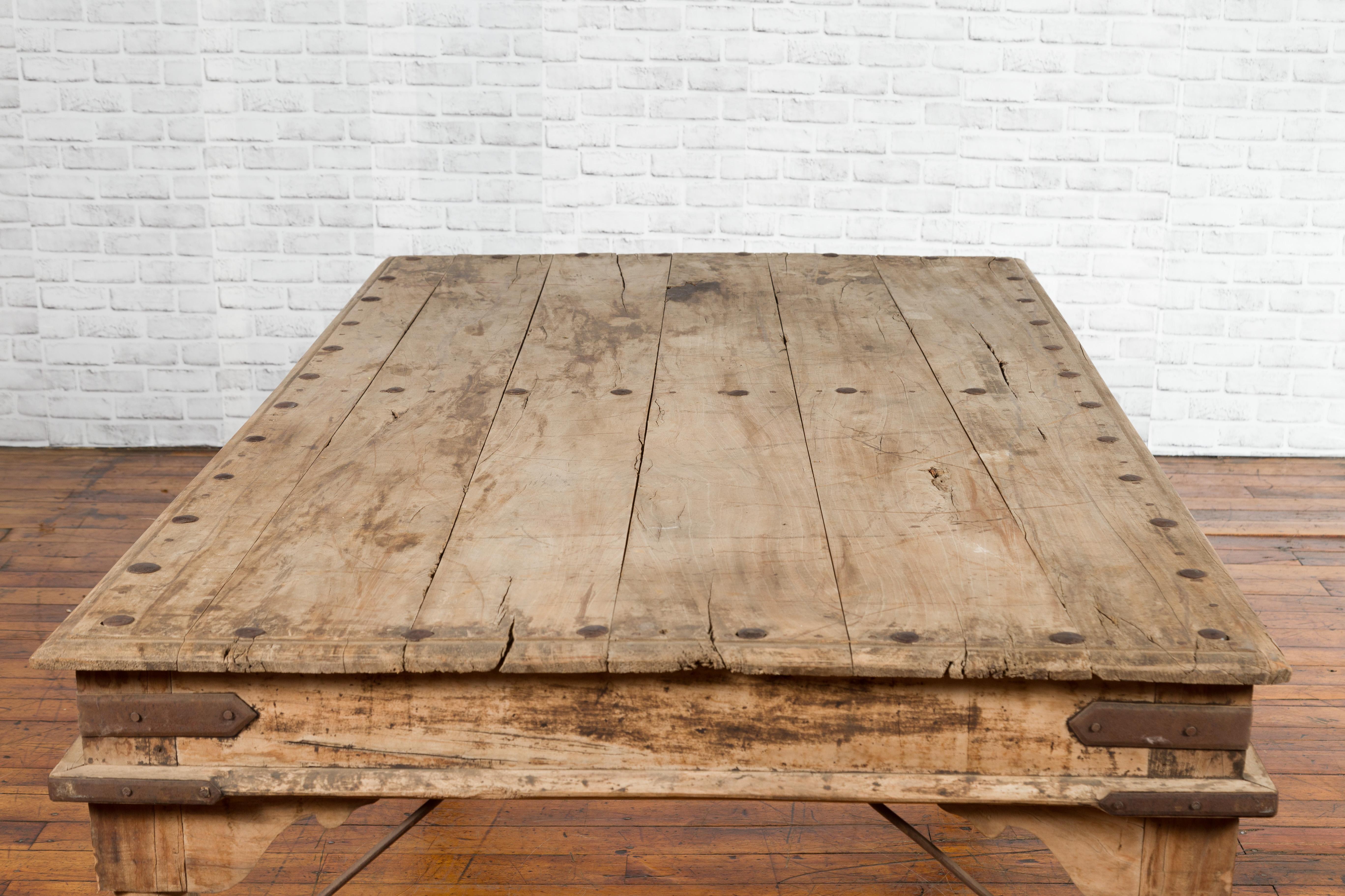 Rustic Indian Low Table with Distressed Patina, Iron Details and Baluster Legs For Sale 11