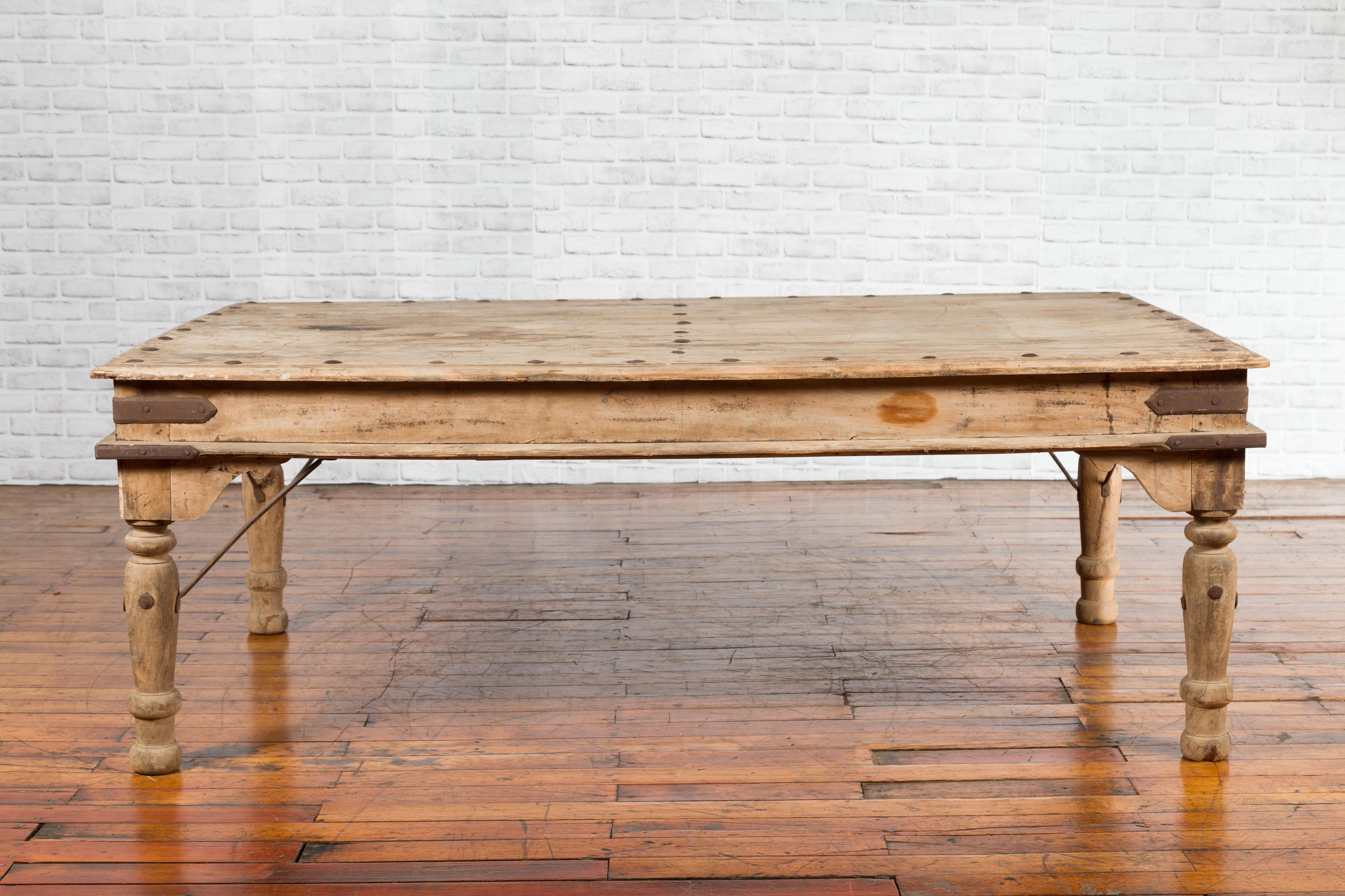 Rustic Indian Low Table with Distressed Patina, Iron Details and Baluster Legs For Sale 12