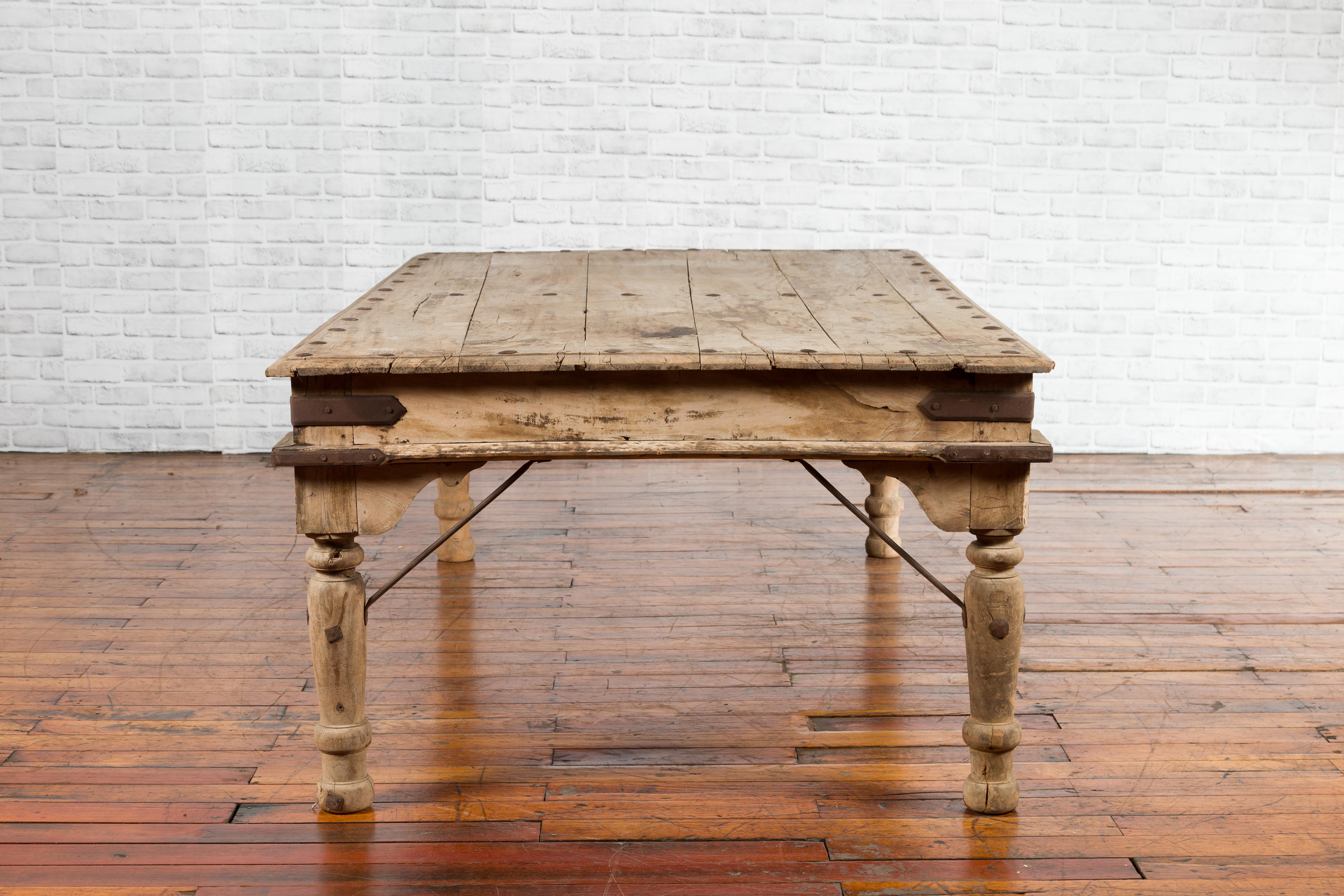 Rustic Indian Low Table with Distressed Patina, Iron Details and Baluster Legs For Sale 13