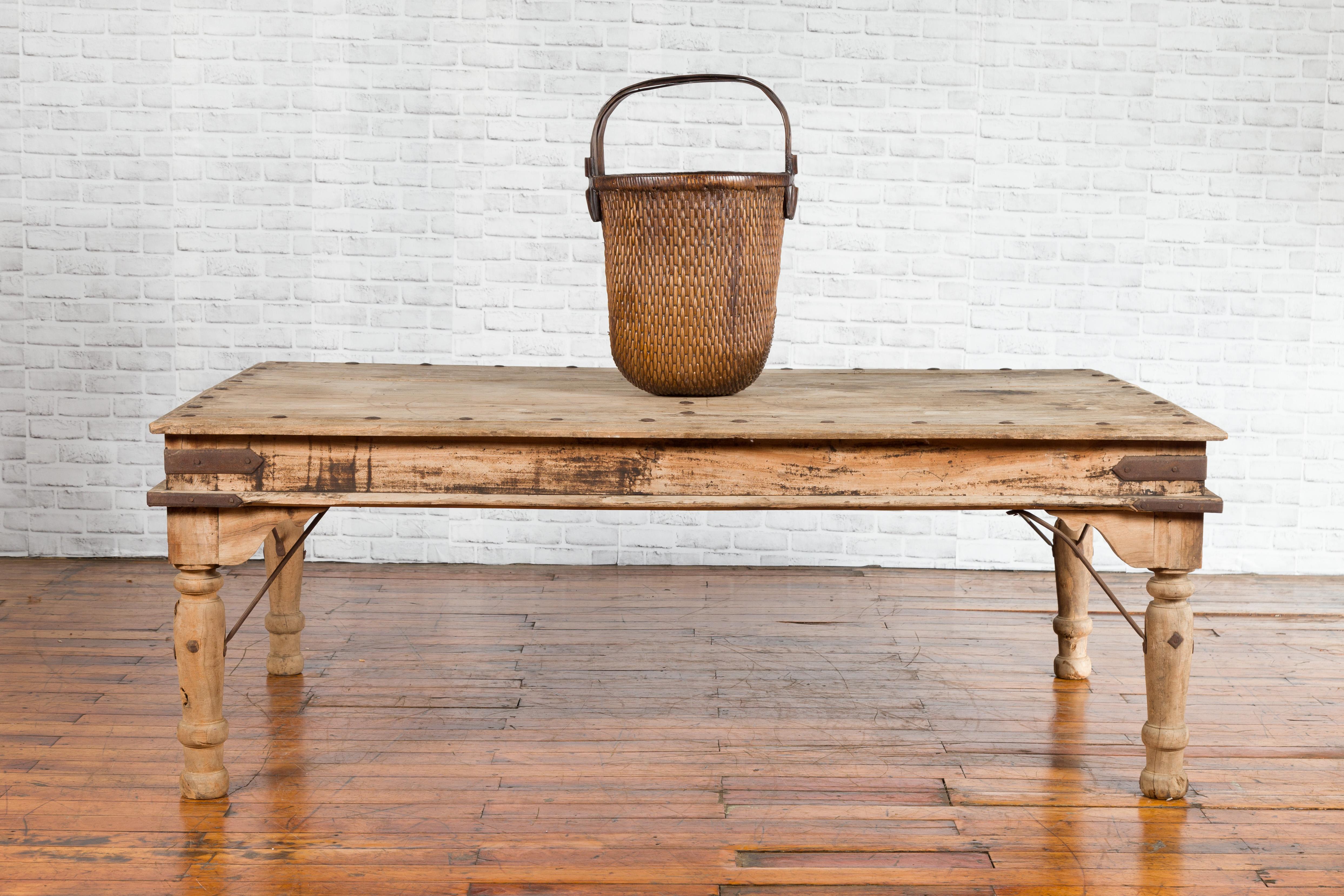 Rustic Indian Low Table with Distressed Patina, Iron Details and Baluster Legs In Good Condition For Sale In Yonkers, NY