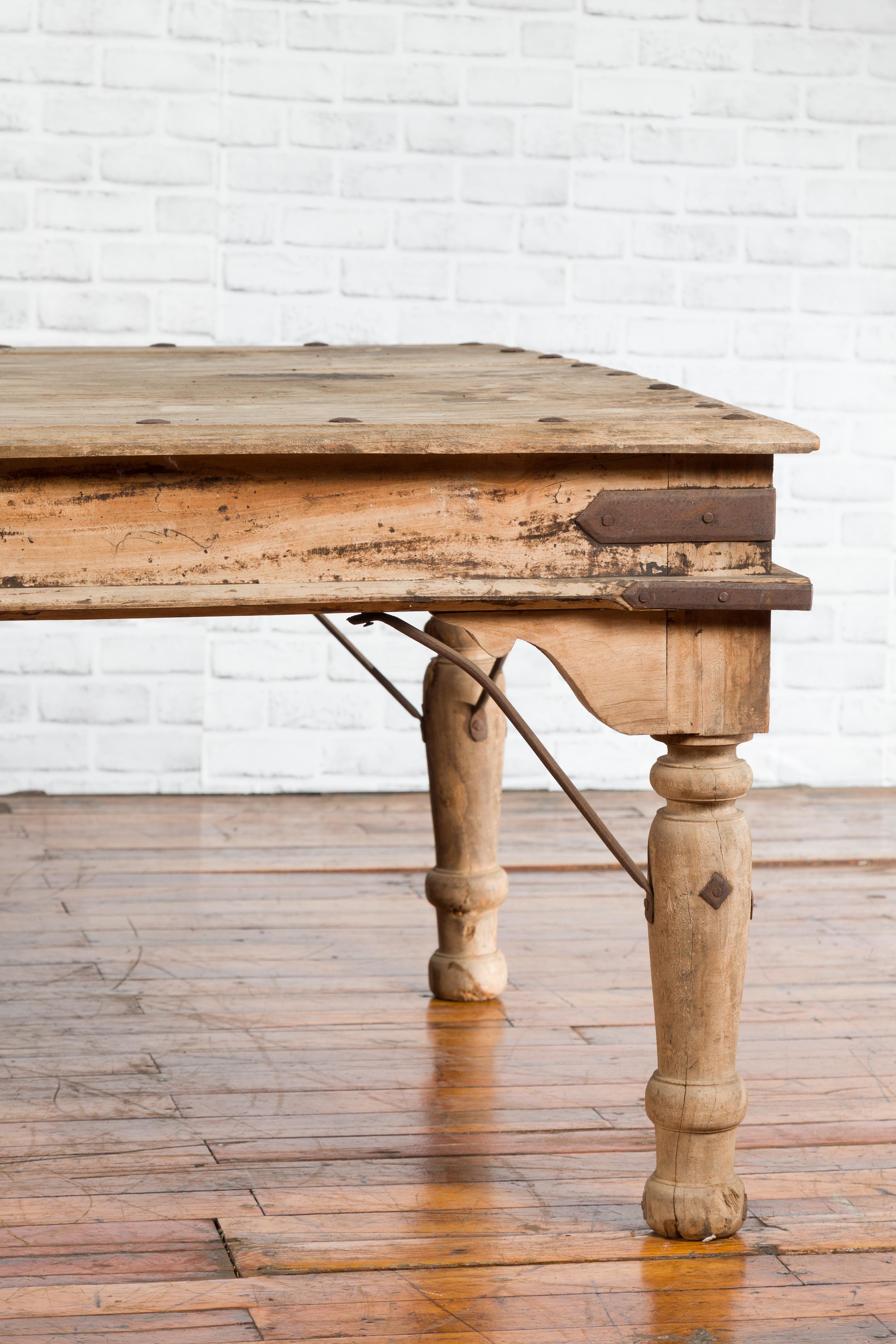 Rustic Indian Low Table with Distressed Patina, Iron Details and Baluster Legs For Sale 2