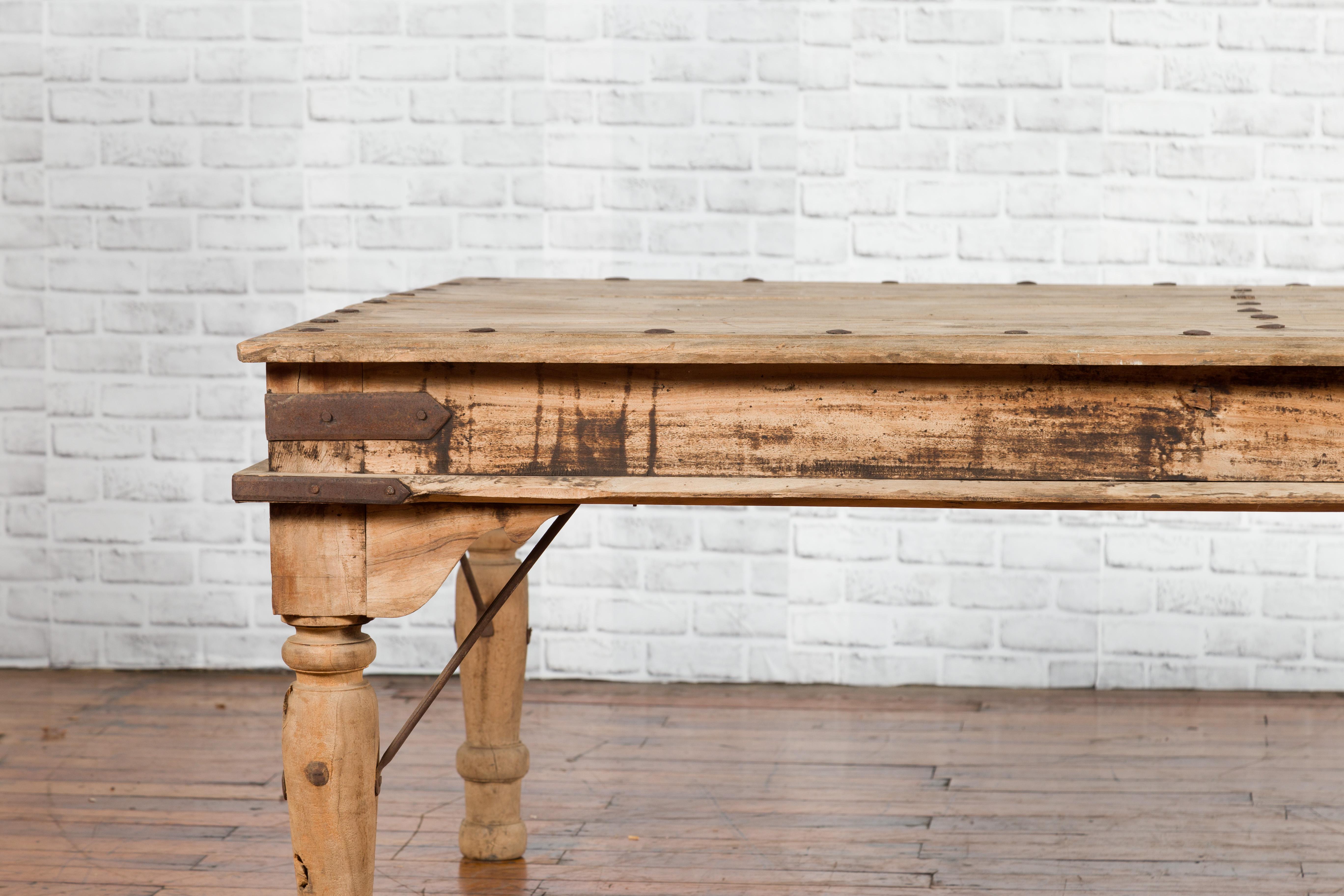 Rustic Indian Low Table with Distressed Patina, Iron Details and Baluster Legs For Sale 3