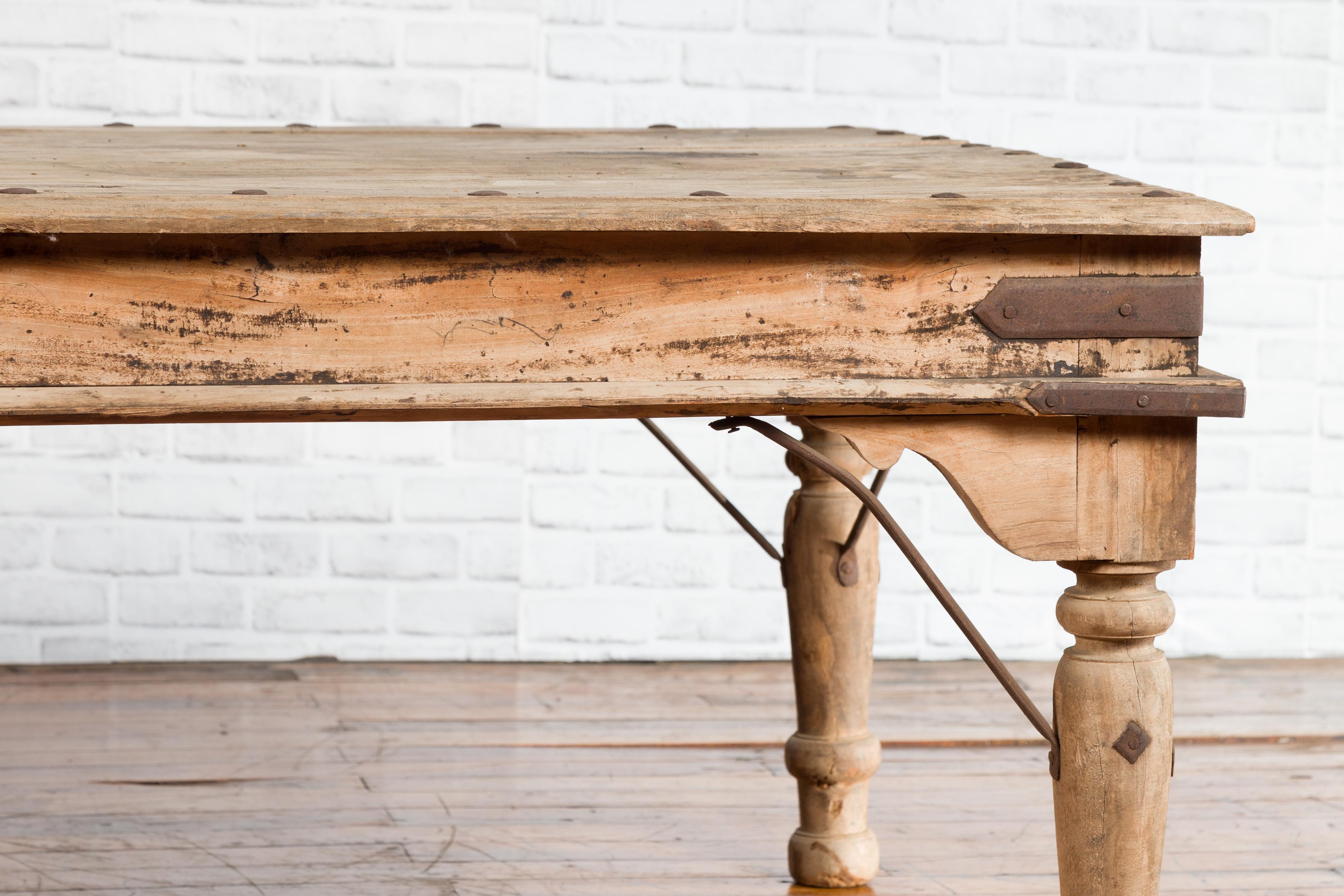 Rustic Indian Low Table with Distressed Patina, Iron Details and Baluster Legs For Sale 4