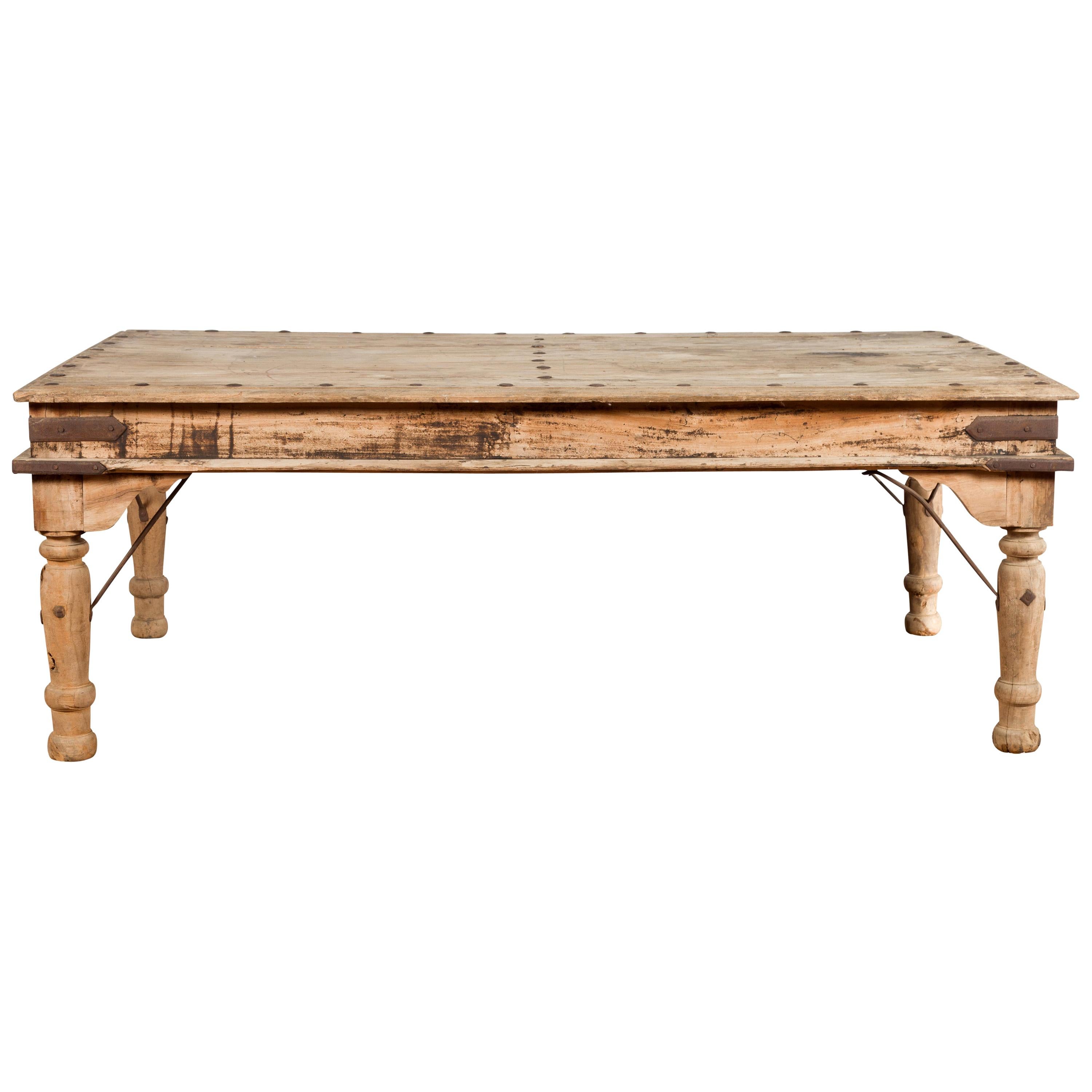 Rustic Indian Low Table with Distressed Patina, Iron Details and Baluster Legs