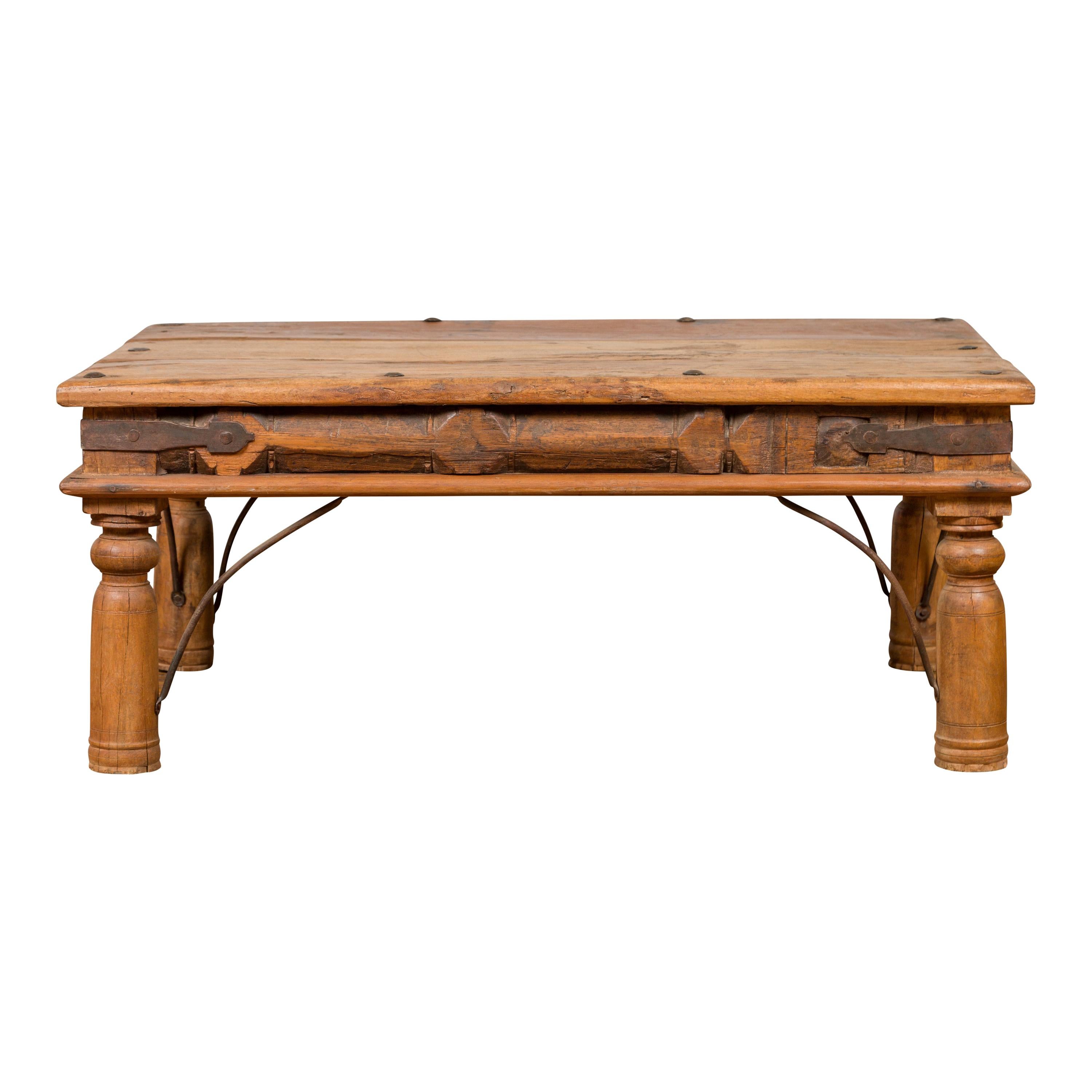 Rustic Indian Sheesham Wood Coffee Table with Nailhead Design and Baluster Legs