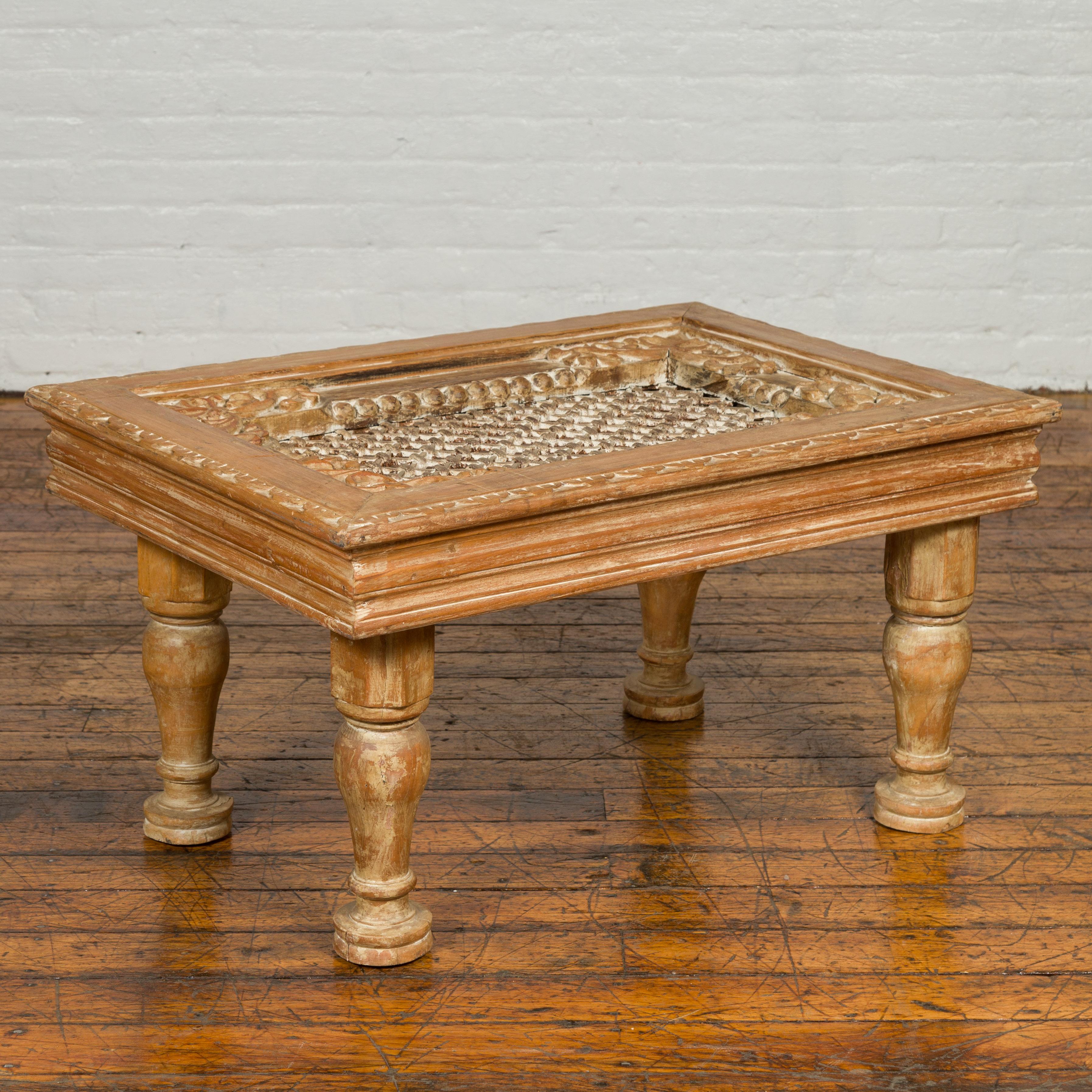 20th Century Rustic Indian Window Grate Cocktail Table with Iron Top and Baluster Legs For Sale