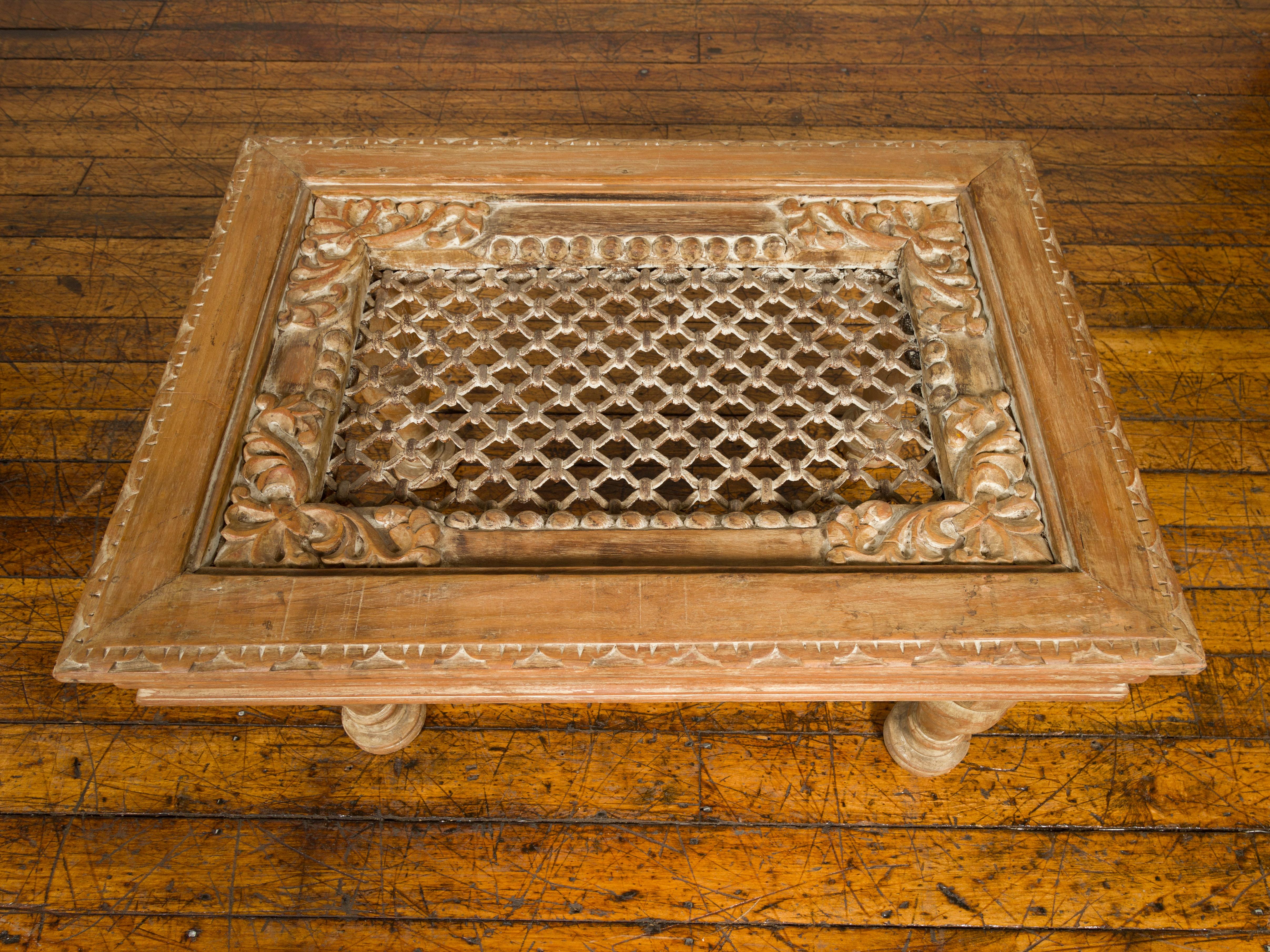 Rustic Indian Window Grate Cocktail Table with Iron Top and Baluster Legs For Sale 3