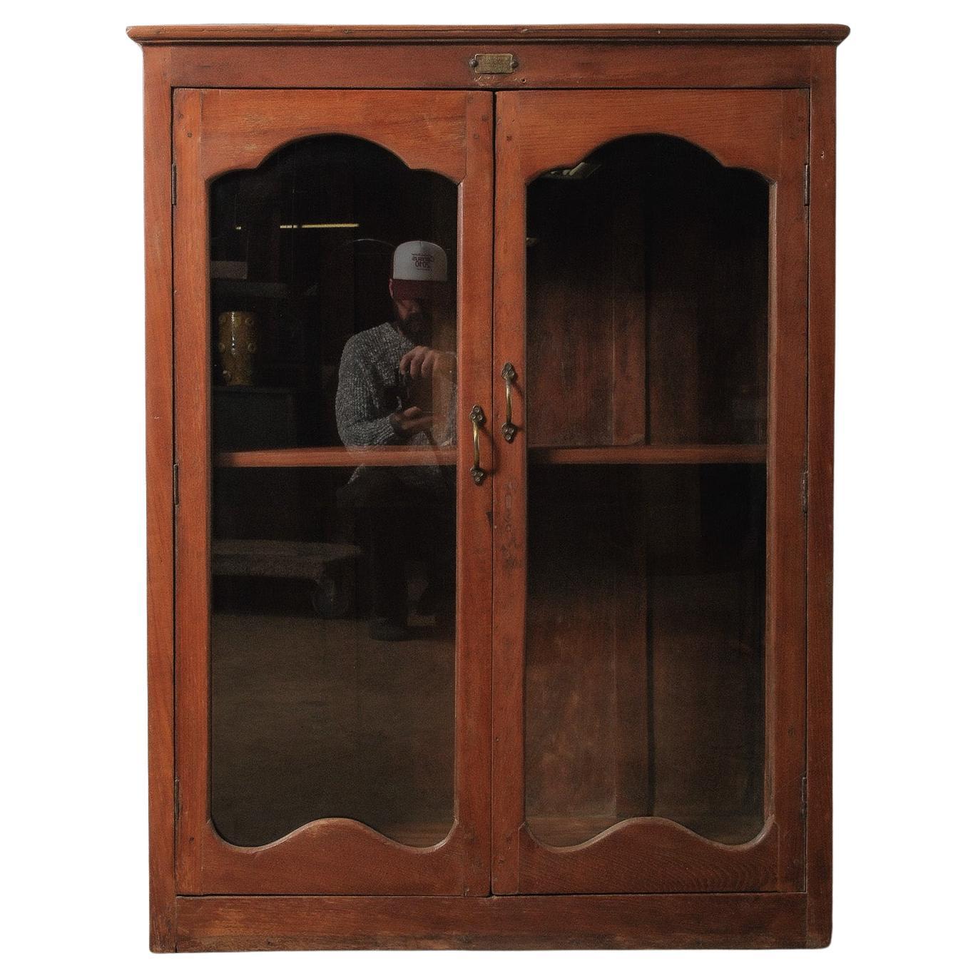 Rustic Indian Wooden Glass Almirah Cabinet with Glass Paneled Doors