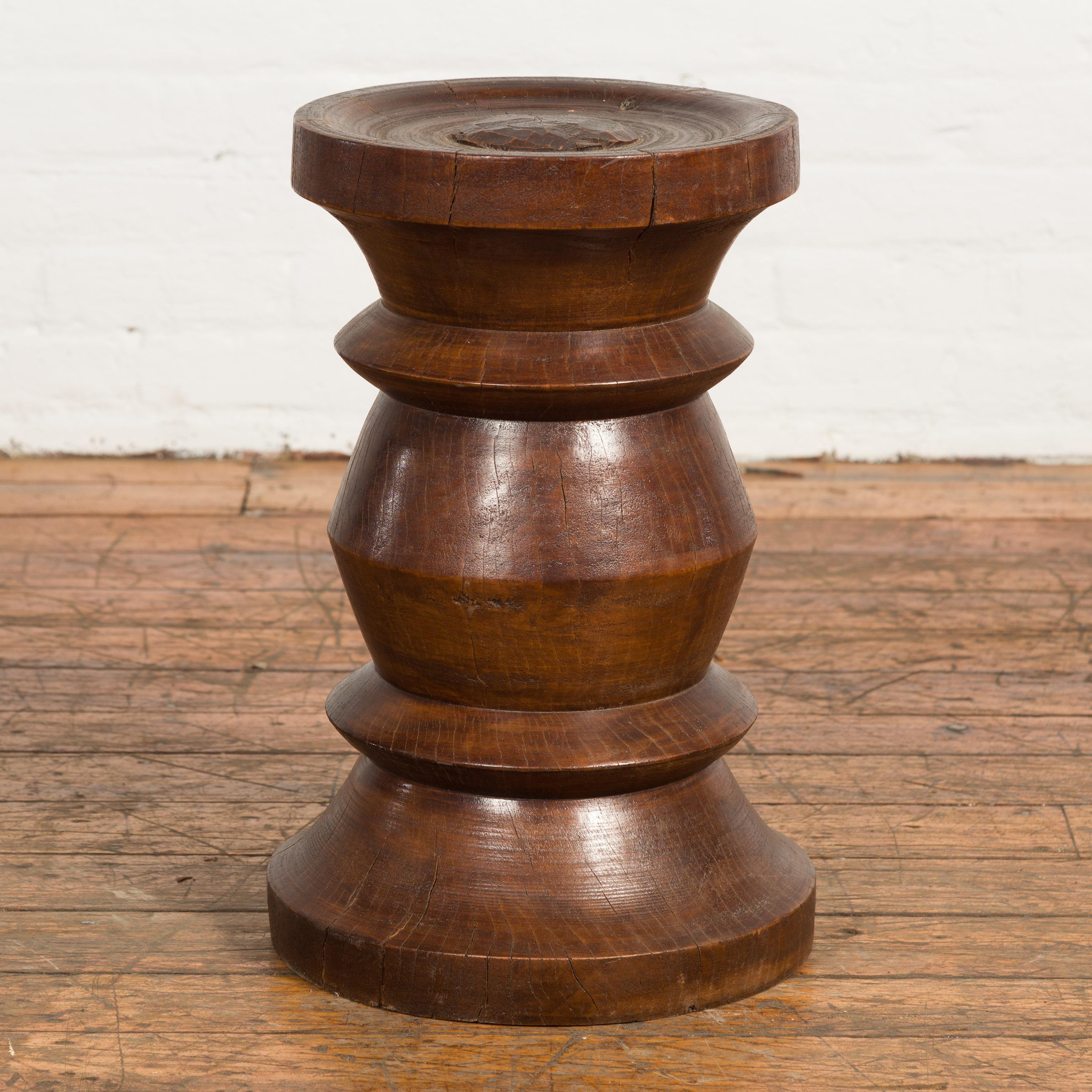 Rustic Indonesian 19th Century Solid Wood Turned Stool with Brown Patina For Sale 1