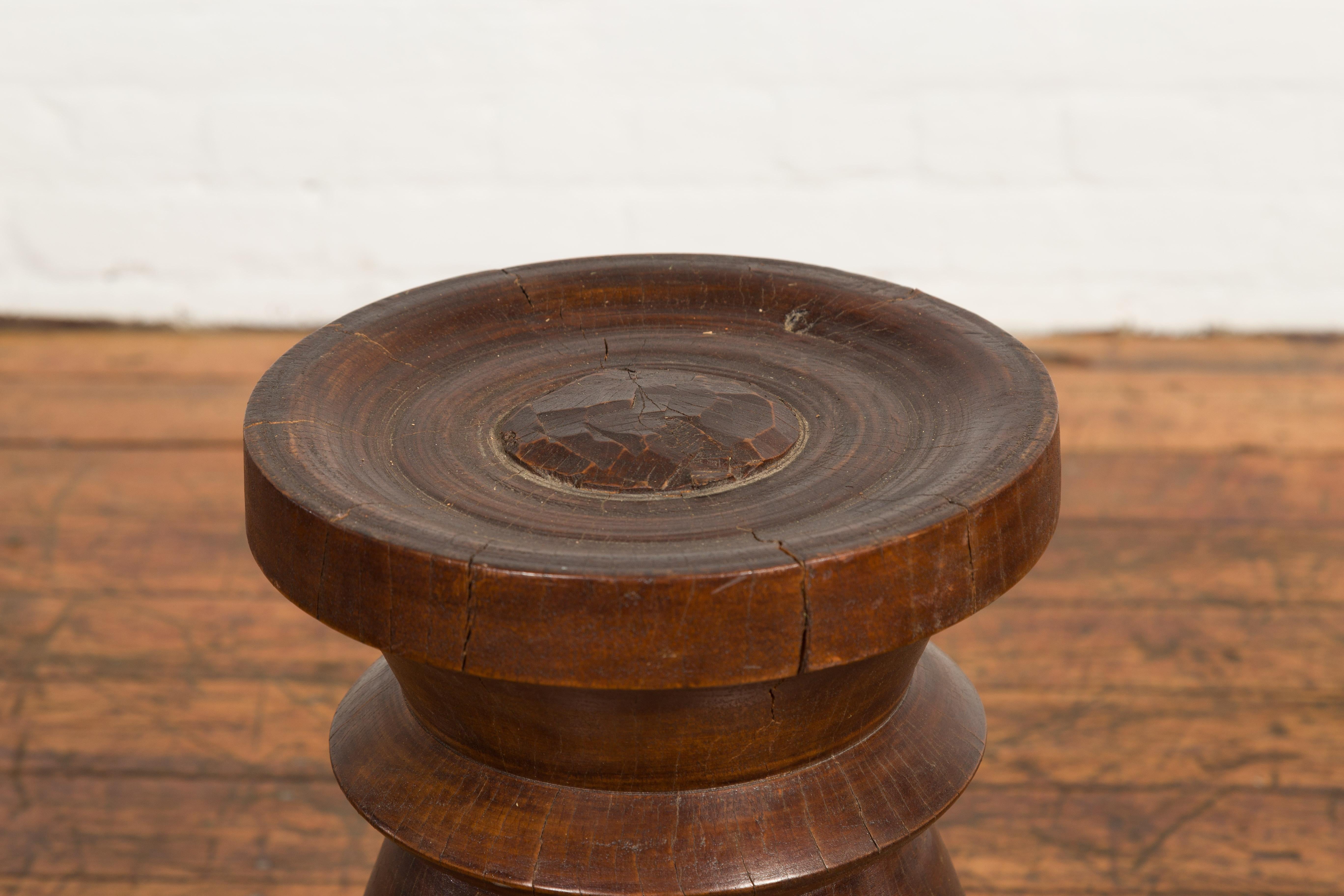 Rustic Indonesian 19th Century Solid Wood Turned Stool with Brown Patina For Sale 2