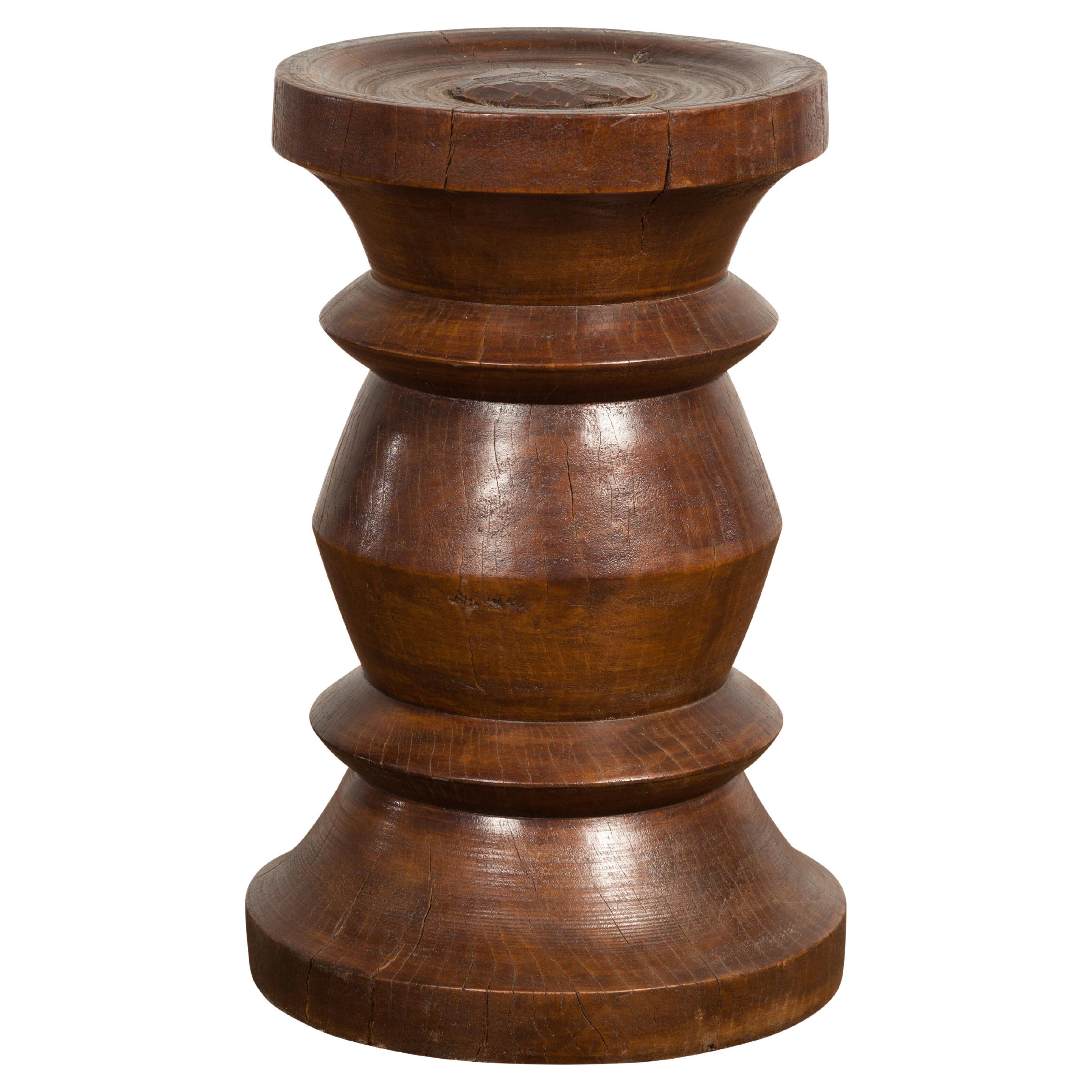 Rustic Indonesian 19th Century Solid Wood Turned Stool with Brown Patina For Sale