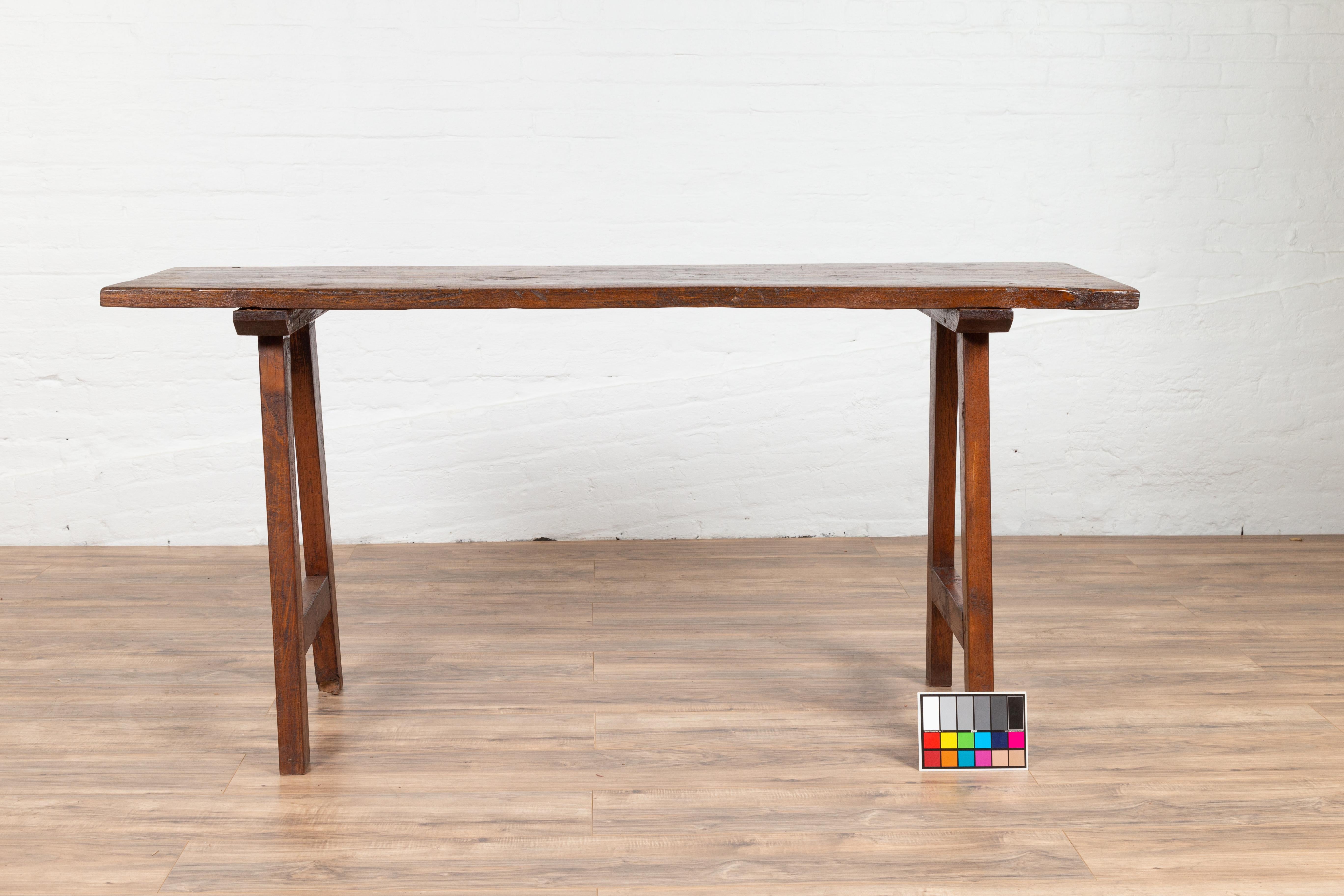 Rustic Indonesian 19th Century Teak Wood Console Table with A-Frame Base 11