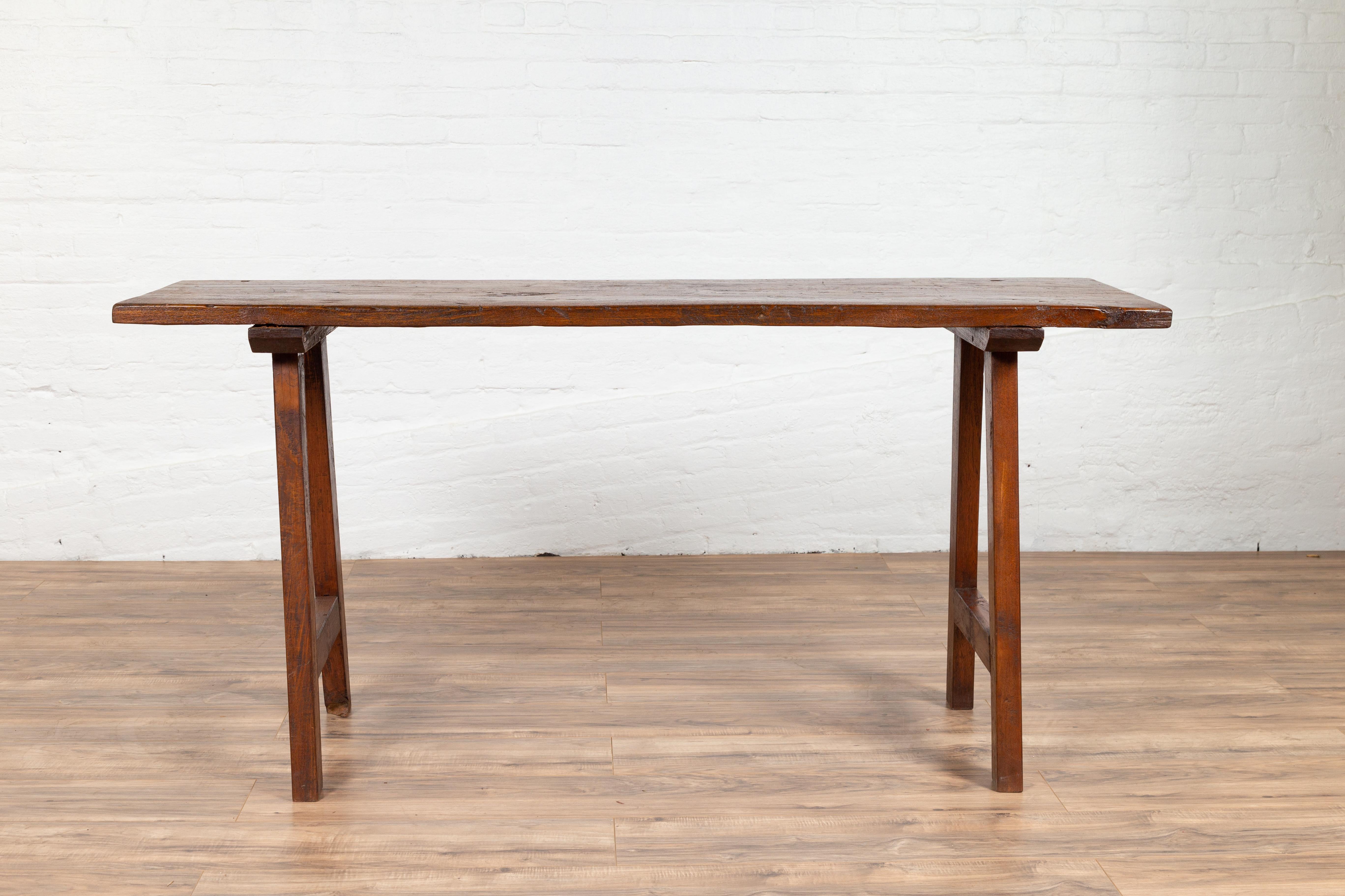 Rustic Indonesian 19th Century Teak Wood Console Table with A-Frame Base In Good Condition In Yonkers, NY