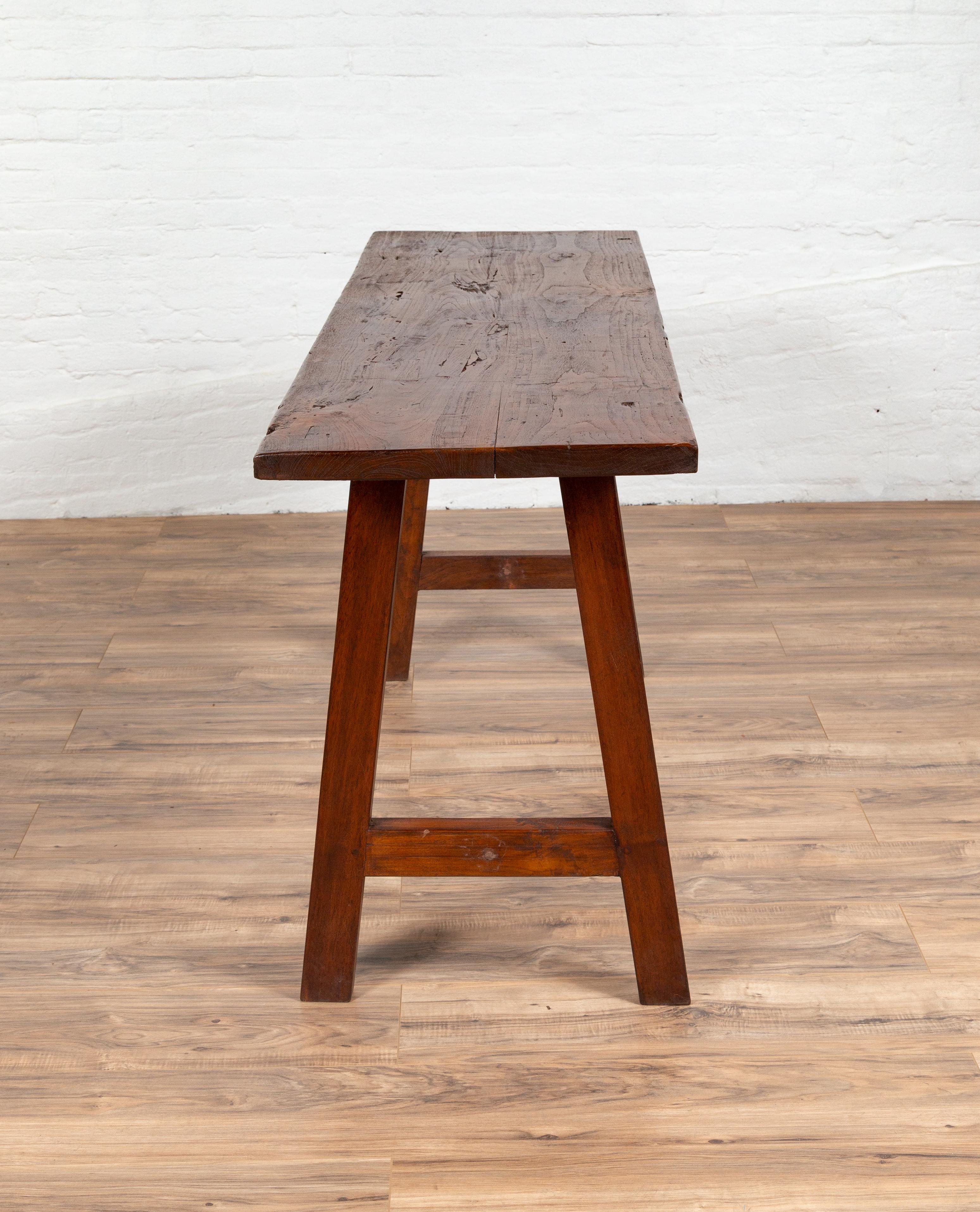 Rustic Indonesian 19th Century Teak Wood Console Table with A-Frame Base 1