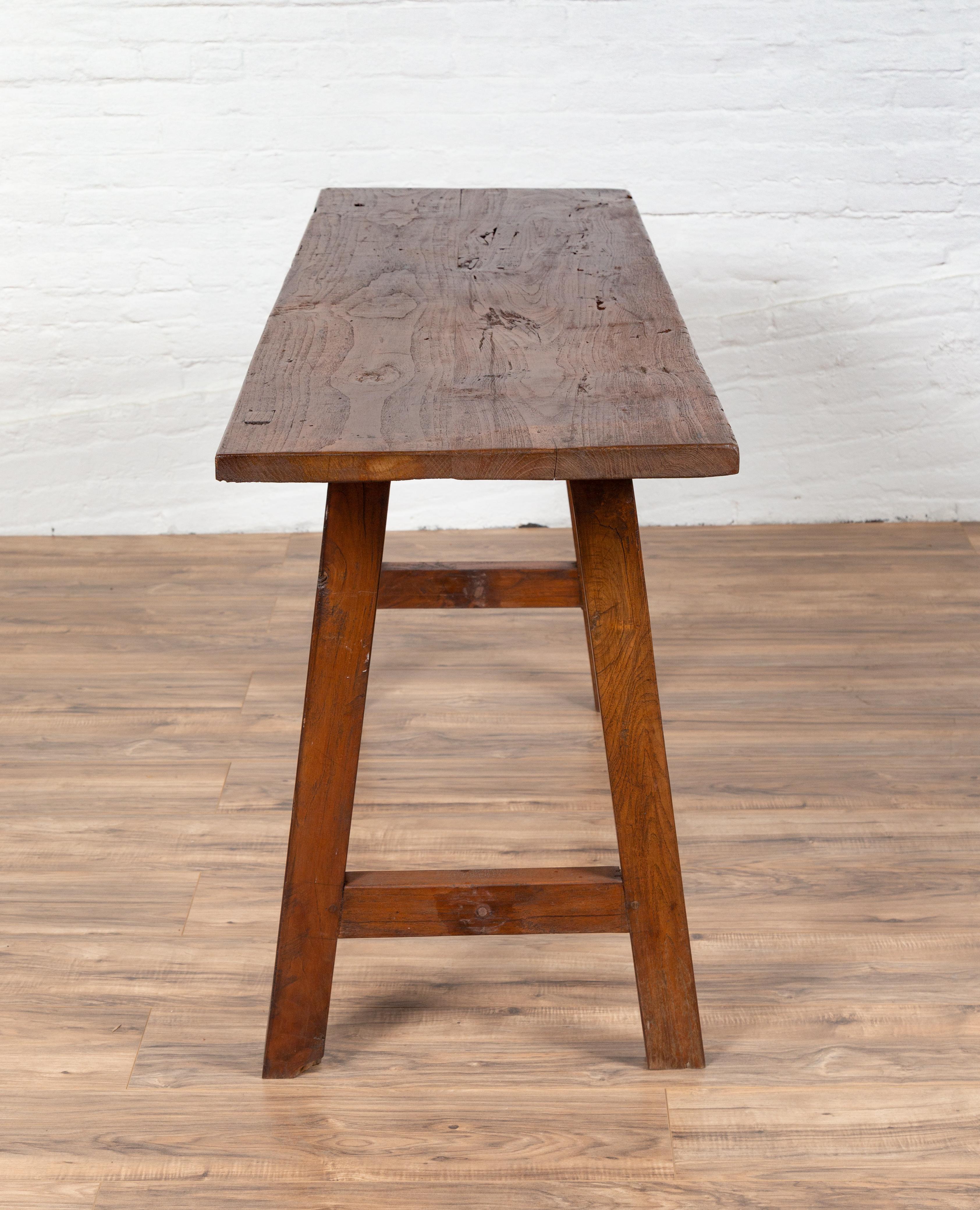 Rustic Indonesian 19th Century Teak Wood Console Table with A-Frame Base 2