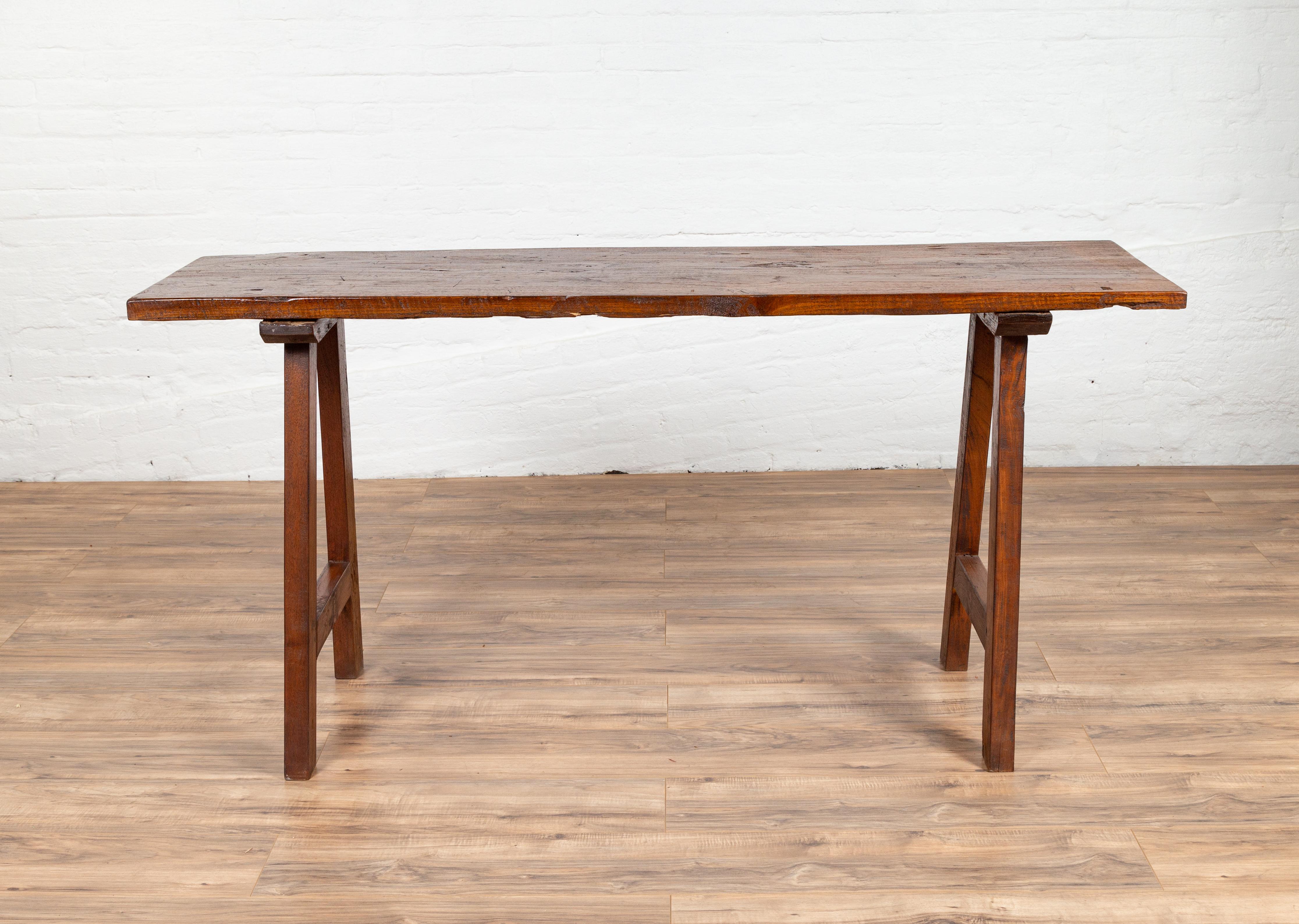 Rustic Indonesian 19th Century Teak Wood Console Table with A-Frame Base 3