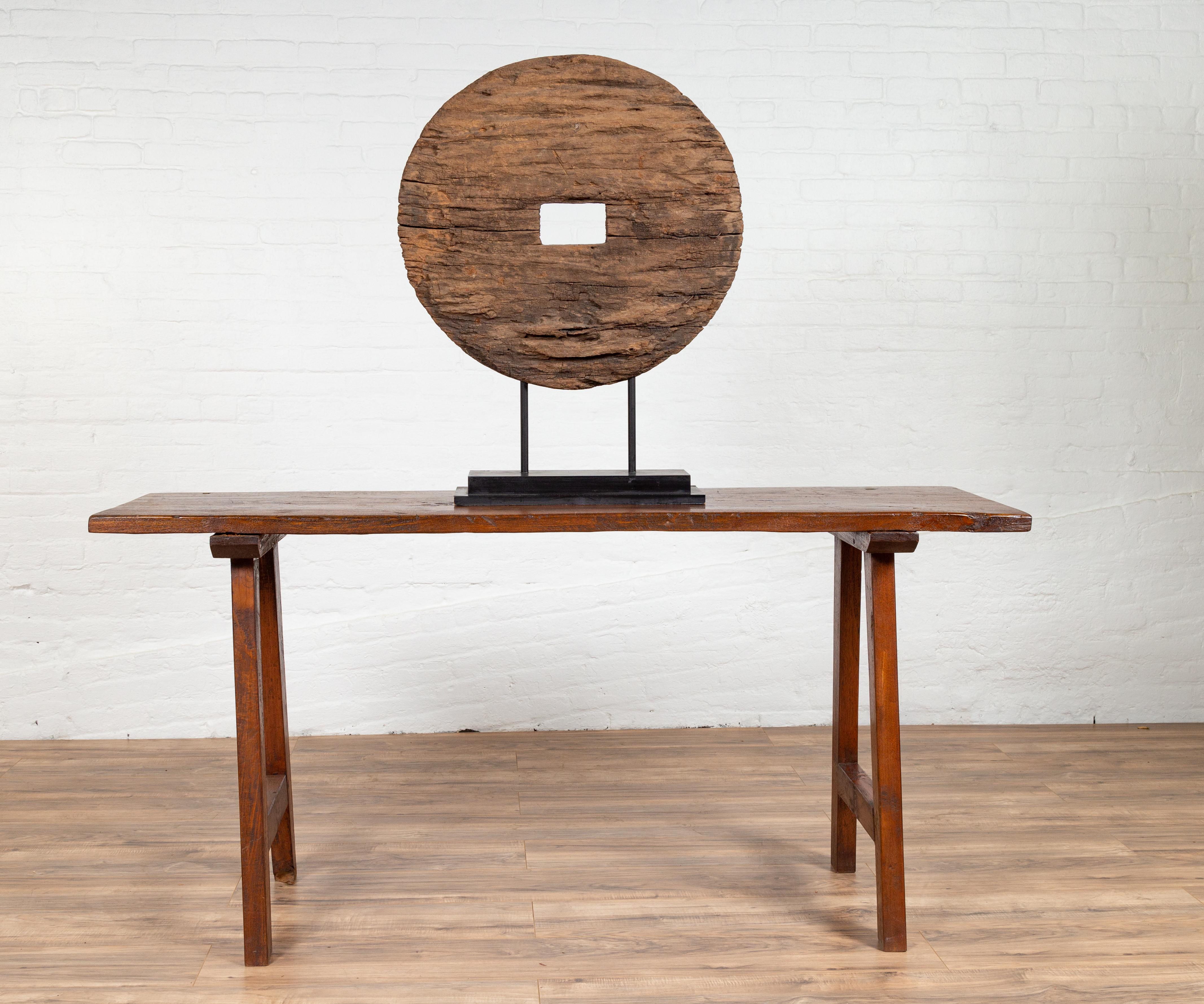 Rustic Indonesian 19th Century Teak Wood Console Table with A-Frame Base 4